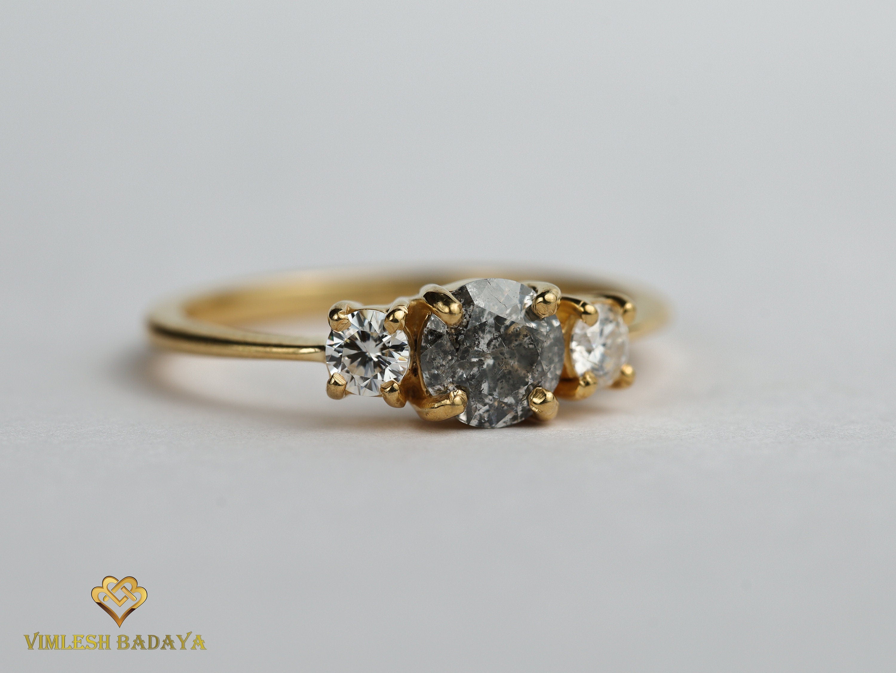 Salt and Pepper Diamond Engagement Ring | Three Stone Gray Diamond Ring -