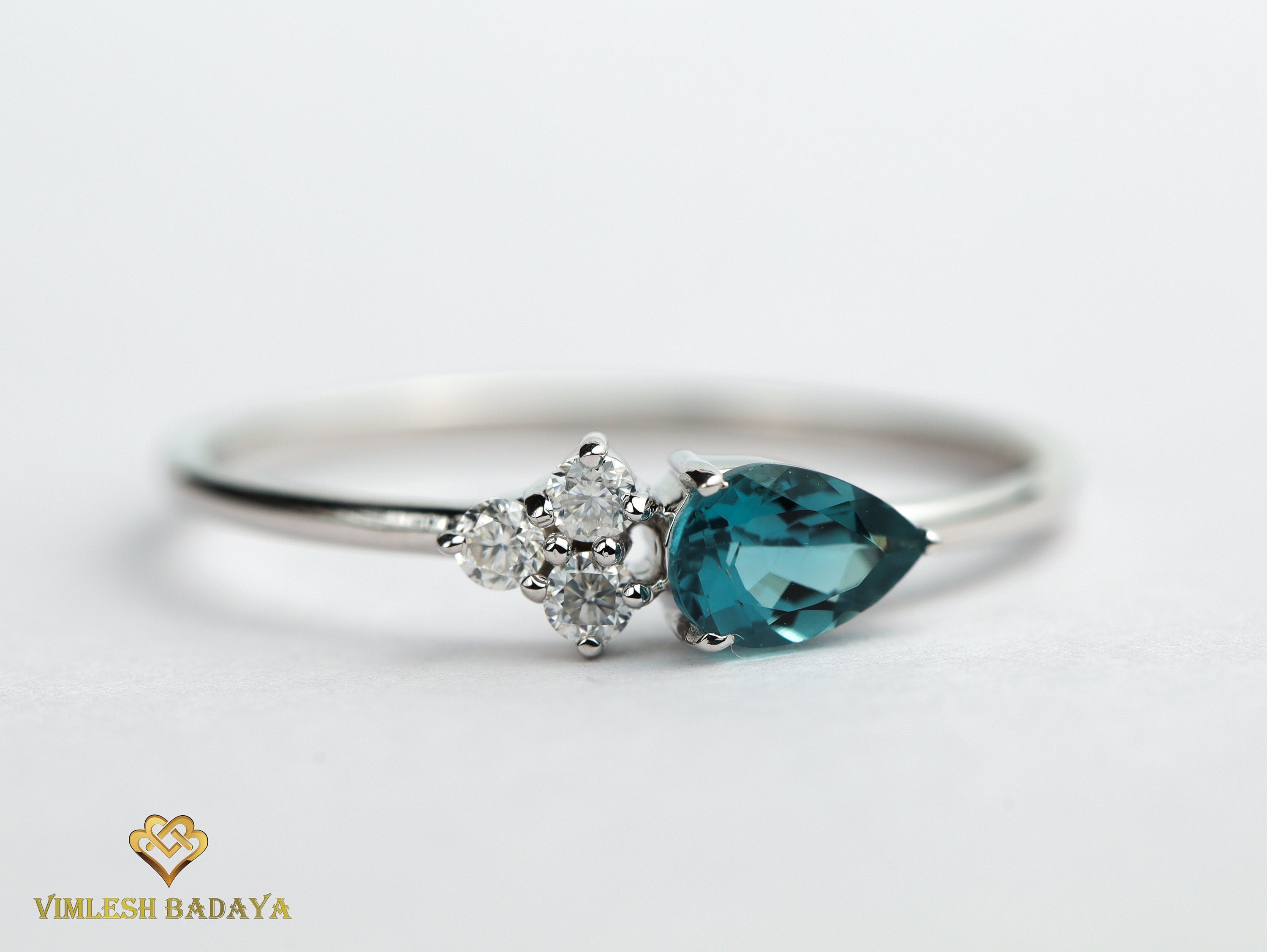 Blue Tourmaline and Diamond Stacking Ring | Pear Cut Paraiba Tourmaline Ring | Gift Ring -