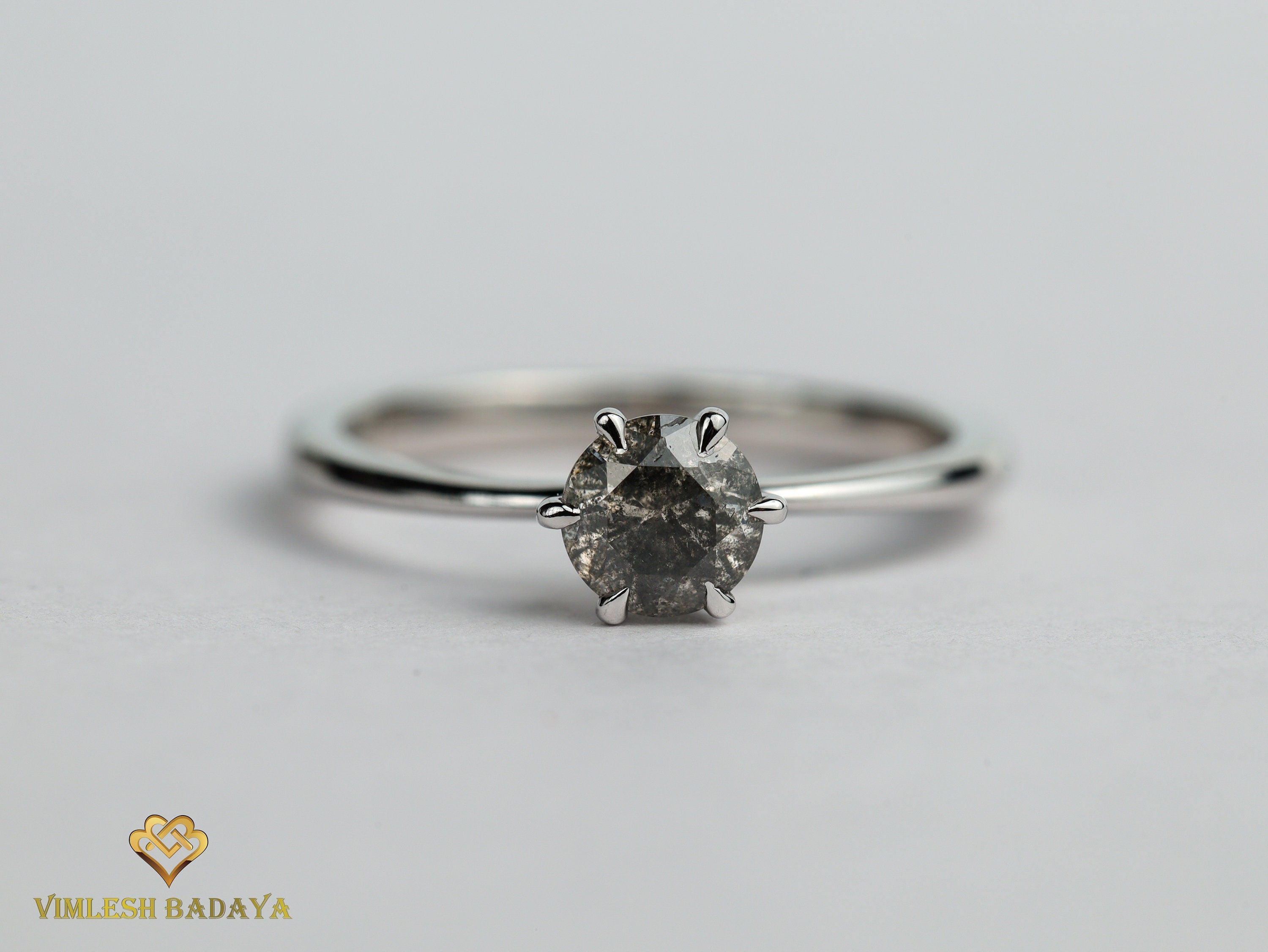 Salt & Pepper Diamond Solitaire Ring | 5mm Gray Diamond Ring | Solid Gold Engagement Ring -