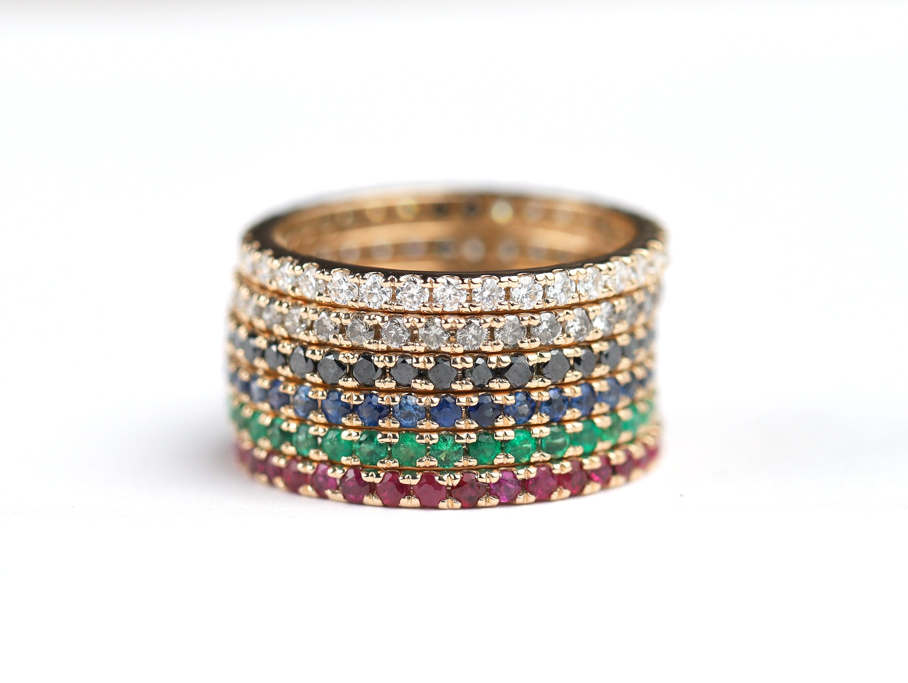 Stacking Pave Bands | Full Eternity Diamond Bands | Ruby, Emerald, Sapphire, and Diamond Eternity Rings -