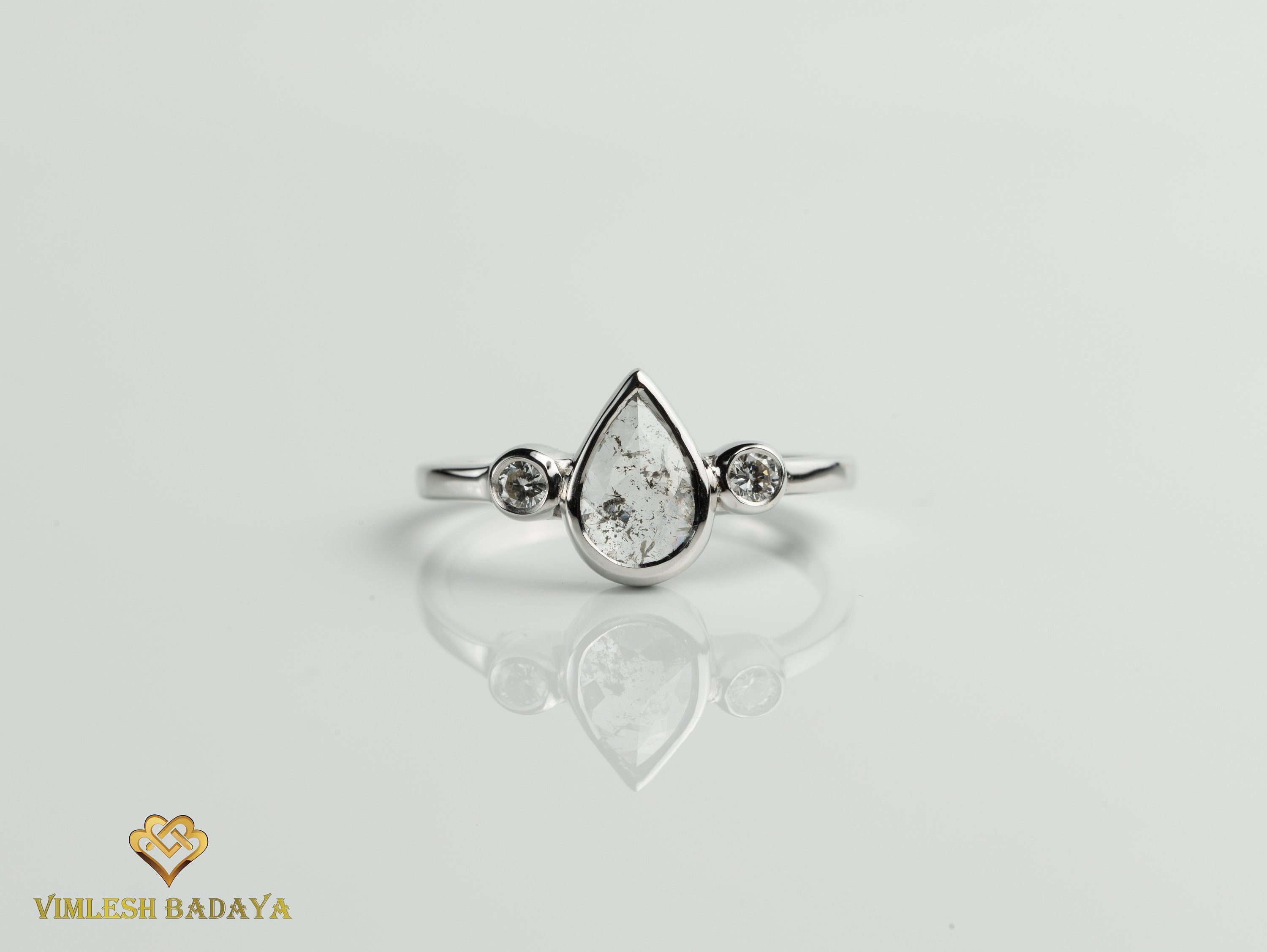 Salt and Pepper Diamond Engagement Ring | Pear Cut and Round Cut Three Stone Ring | Bezel Set in Solid Gold -
