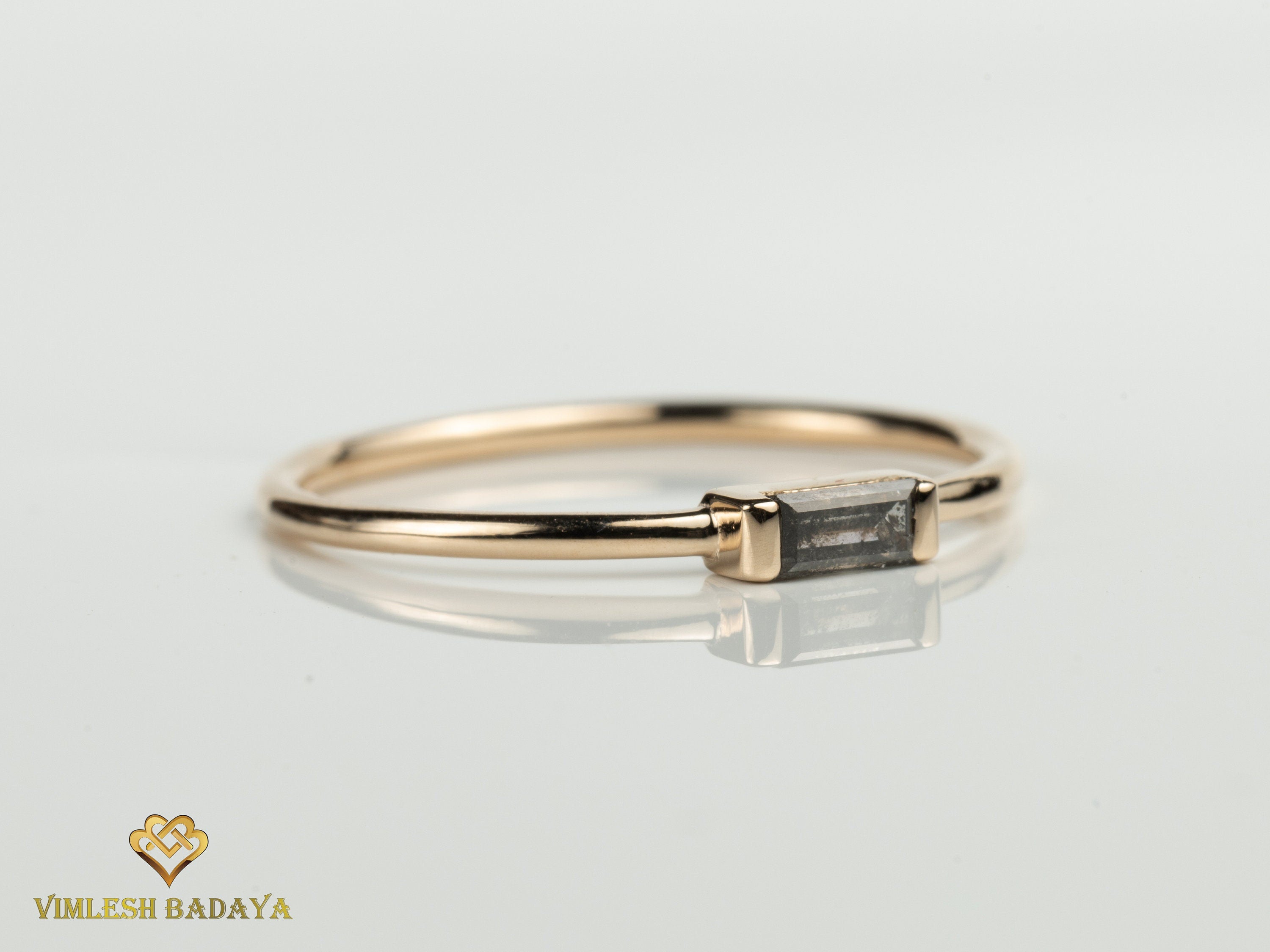 Gray Diamond Baguette Ring | Salt and Pepper Diamond Stacking Ring | Minimalist Design -