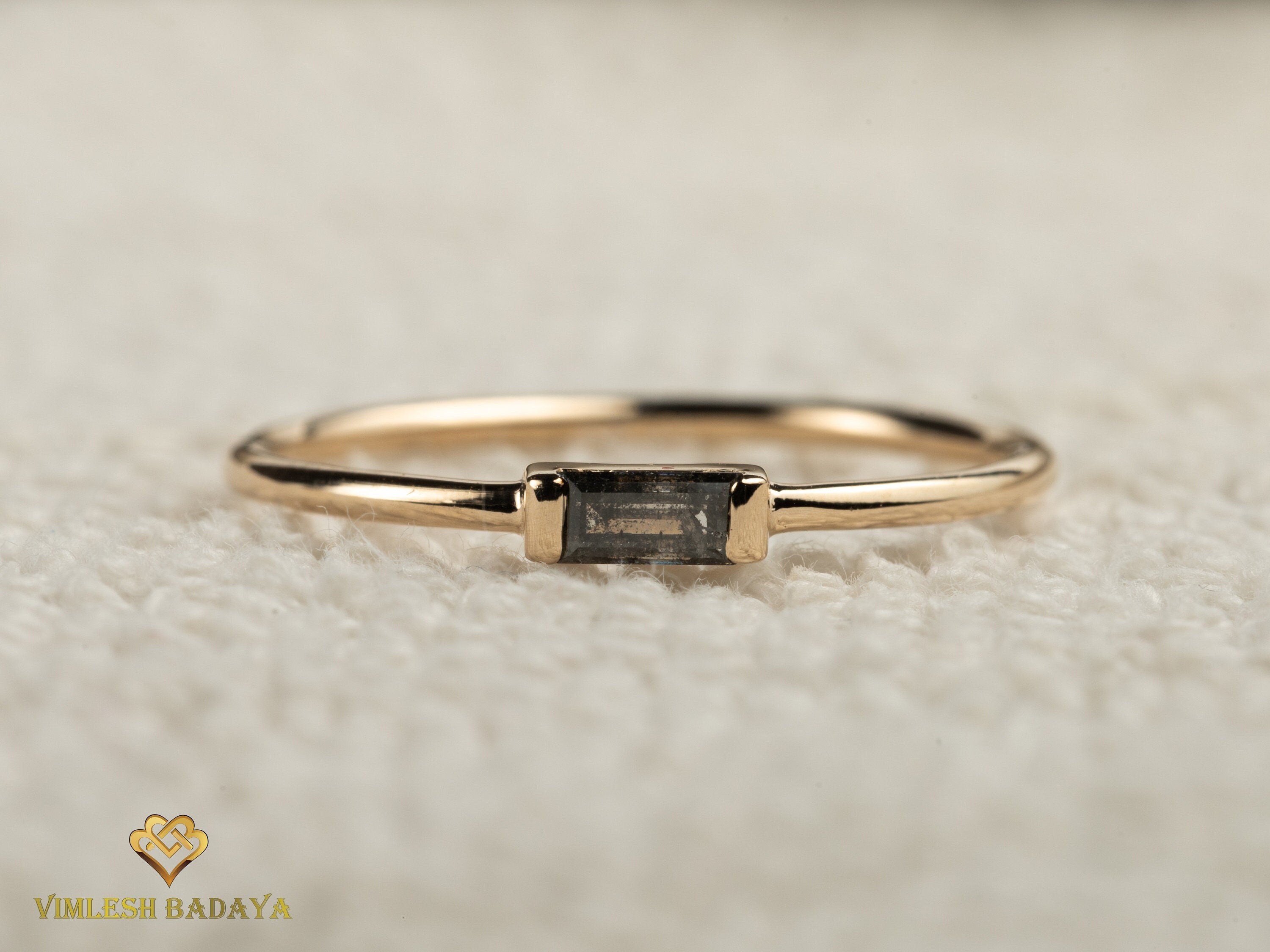 Gray Diamond Baguette Ring | Salt and Pepper Diamond Stacking Ring | Minimalist Design -