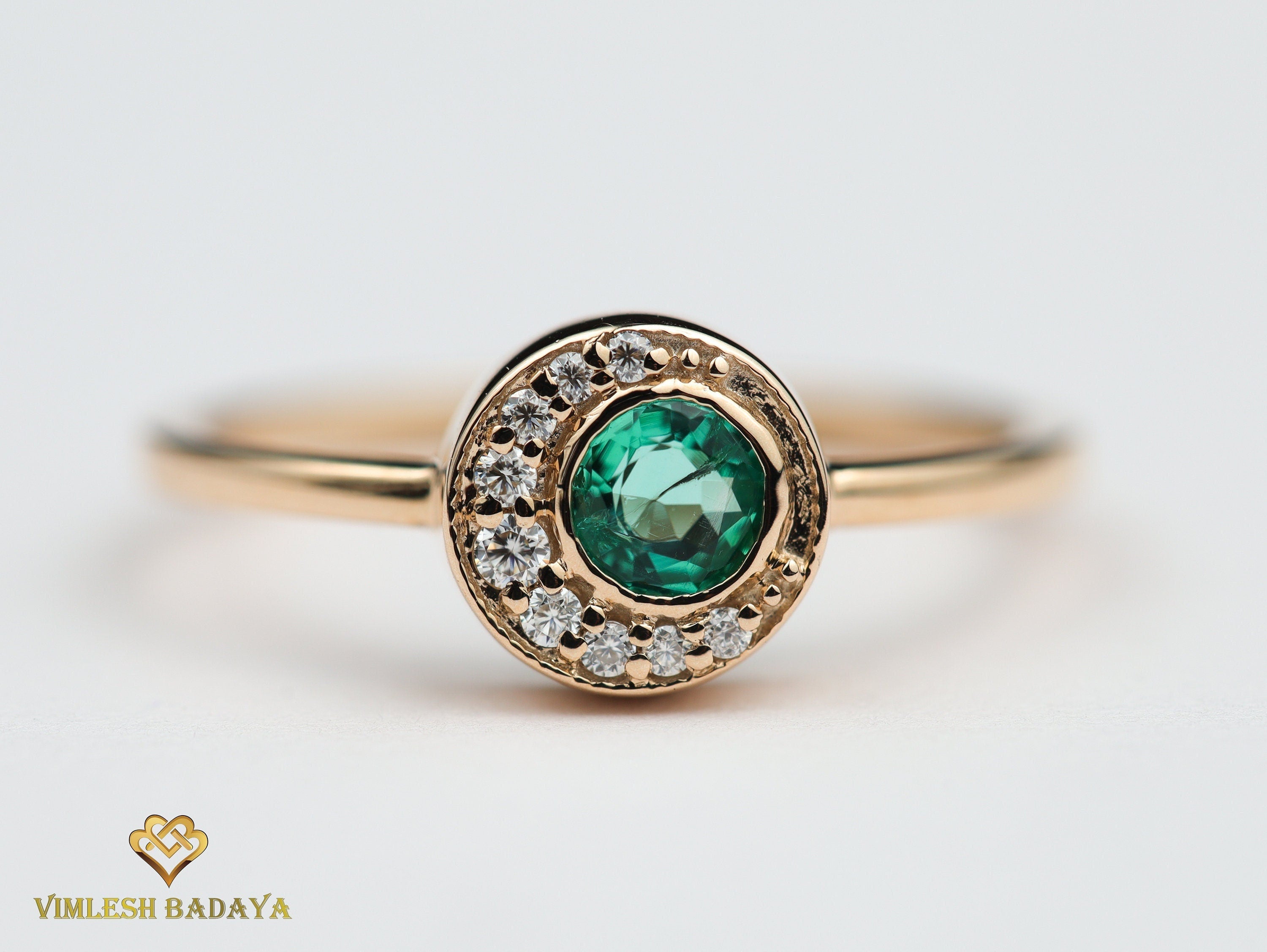 Emerald and Diamond Unique Cluster Ring | Sun and Moon Gold Diamond Emerald Engagement Ring -