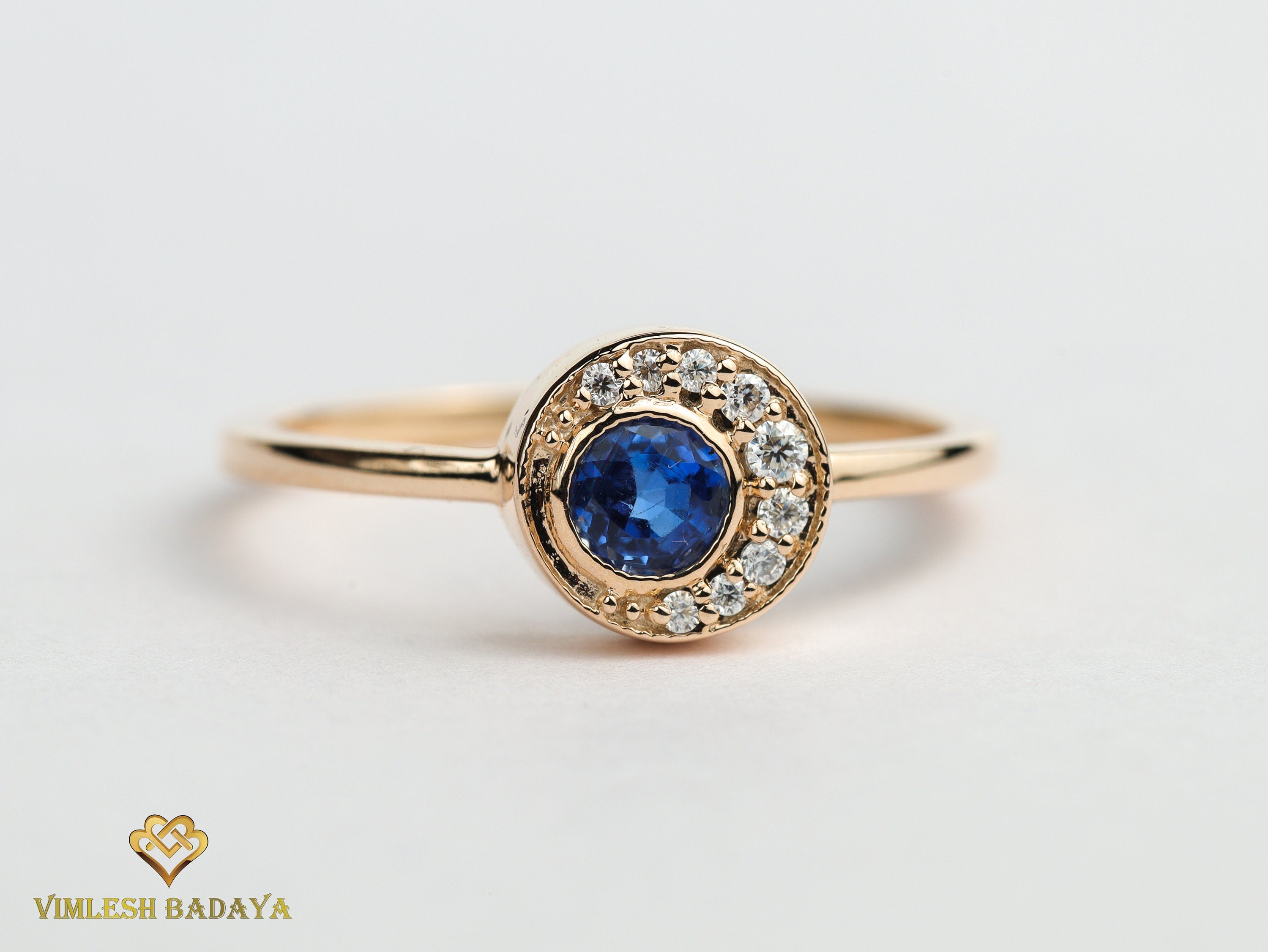 Blue Sapphire Diamond Engagement Ring | Art Deco Sapphire & Diamond Ring | Birthstone Engagement Ring -