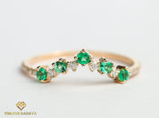 Green Emerald Cluster Wedding Ring | Curved Emerald & Diamond Wedding Band -