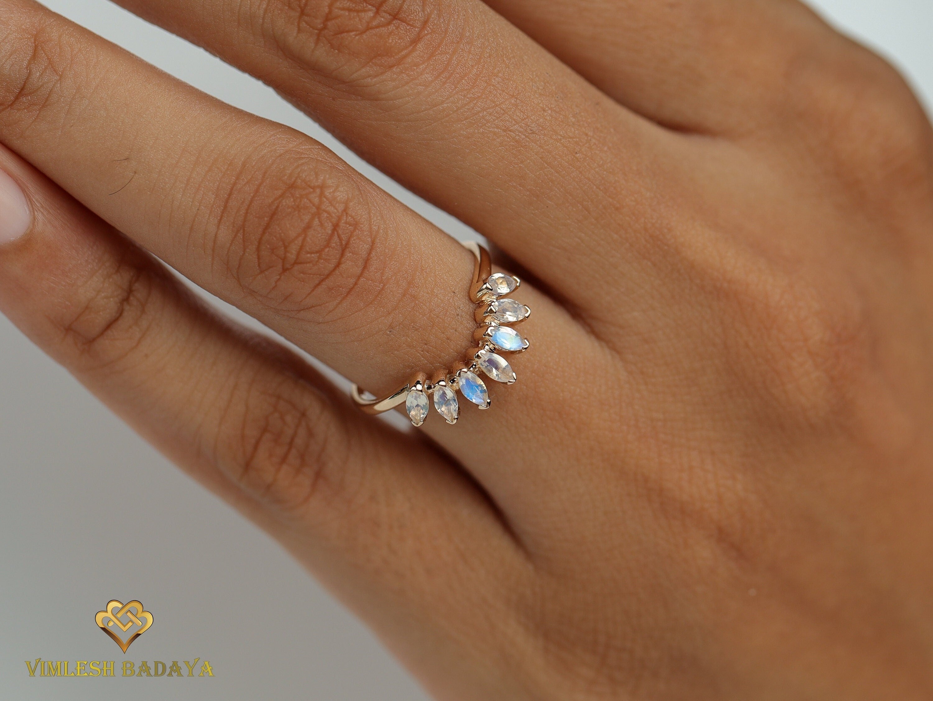 Moonstone Wedding Band | Rainbow Moonstone Curved Stacking Ring | June Birthstone -