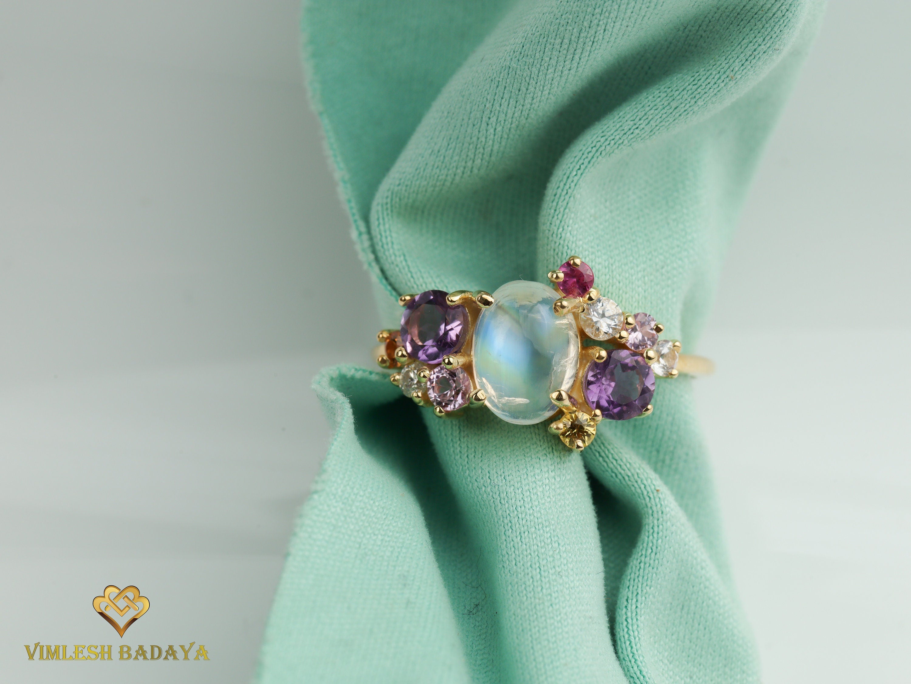 Moonstone Engagement Ring | Sapphire Cluster Ring | June Birthstone Jewelry -