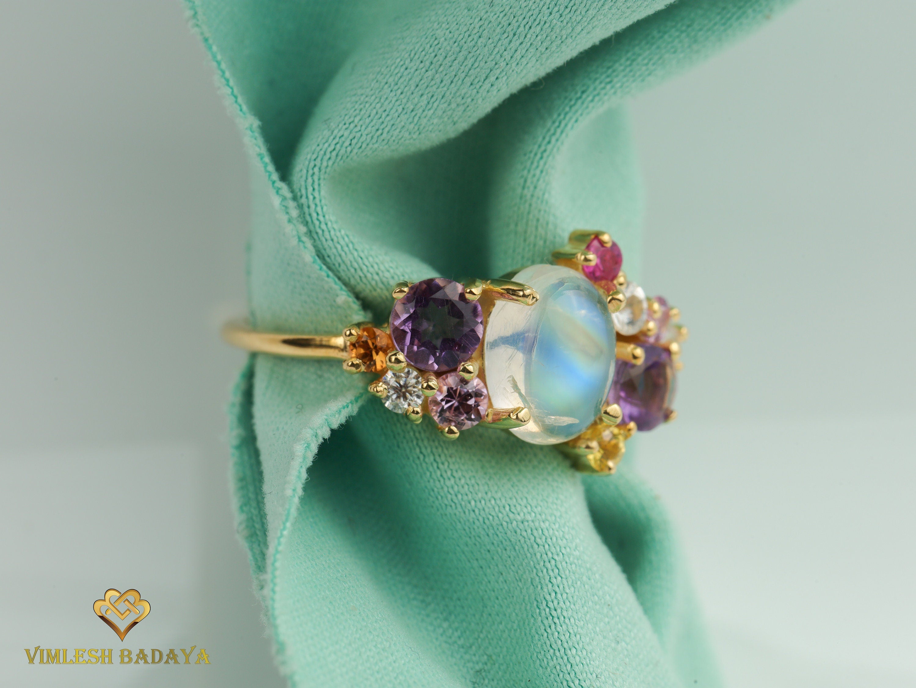 Moonstone Engagement Ring | Sapphire Cluster Ring | June Birthstone Jewelry -