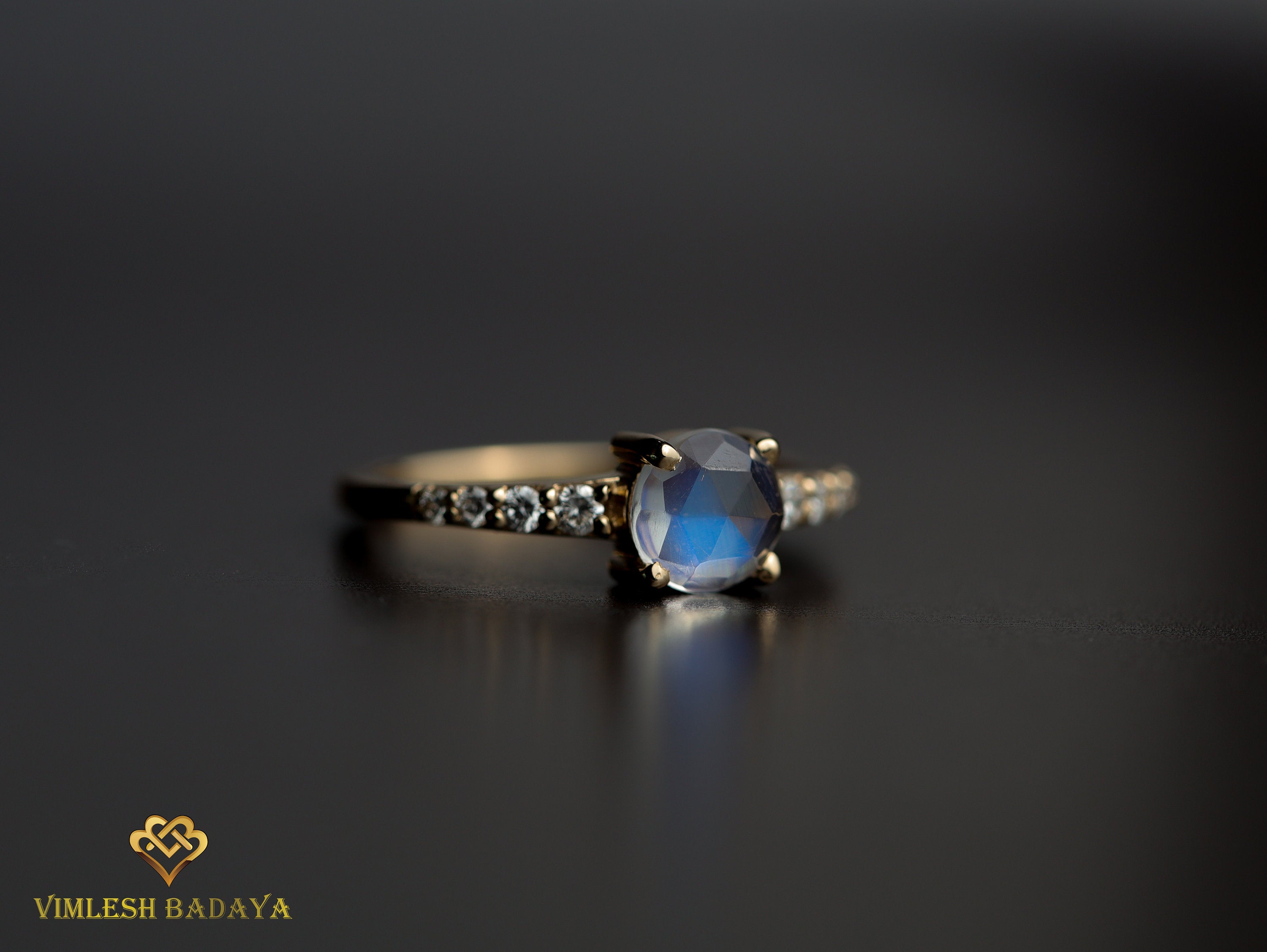 Rainbow Moonstone Ring | Round Moonstone | Diamond Engagement Ring -