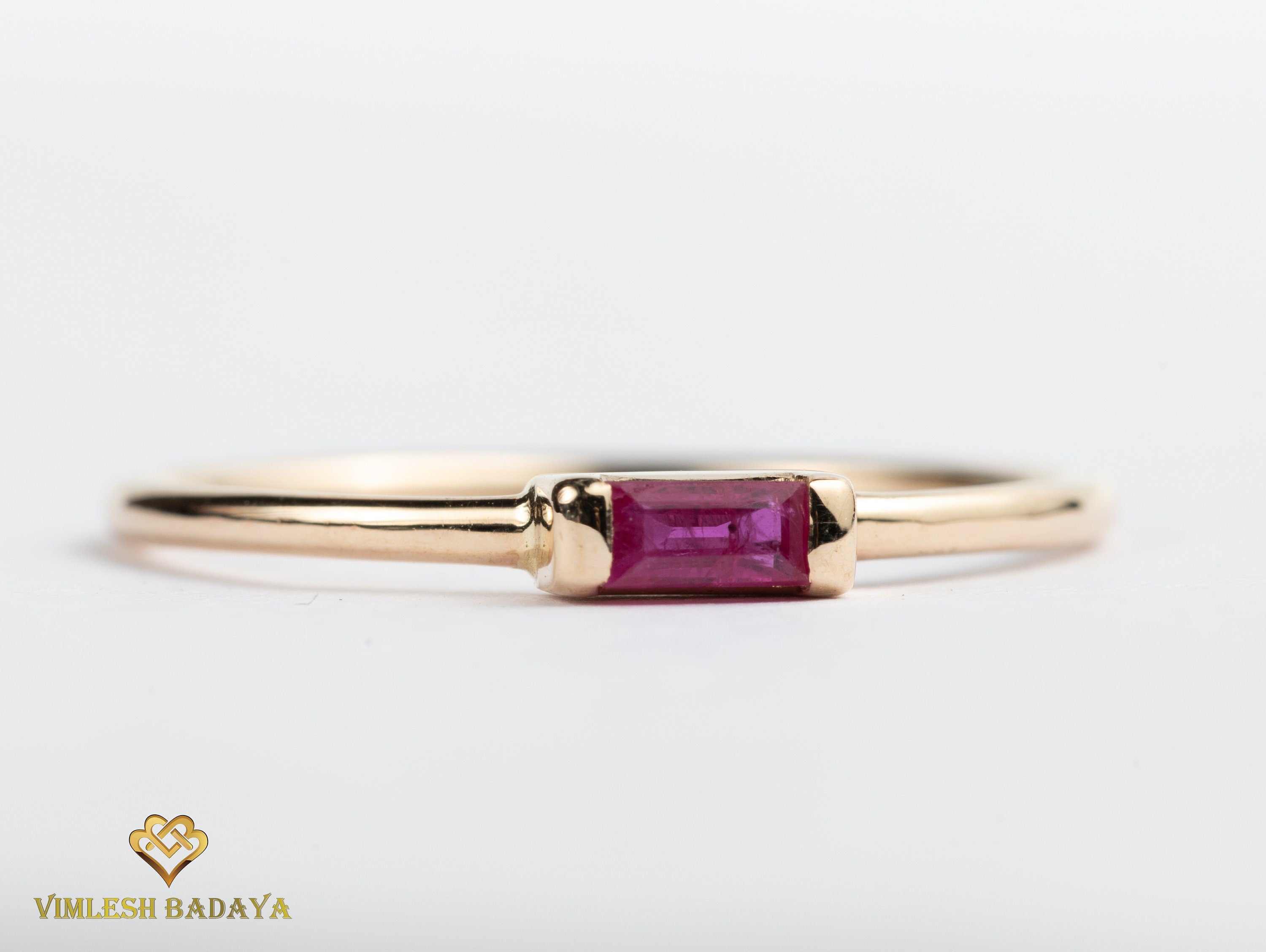 Ruby Baguette Stacking Ring | Dainty July Birthstone Ruby Ring | Everyday Minimal Ruby Ring -