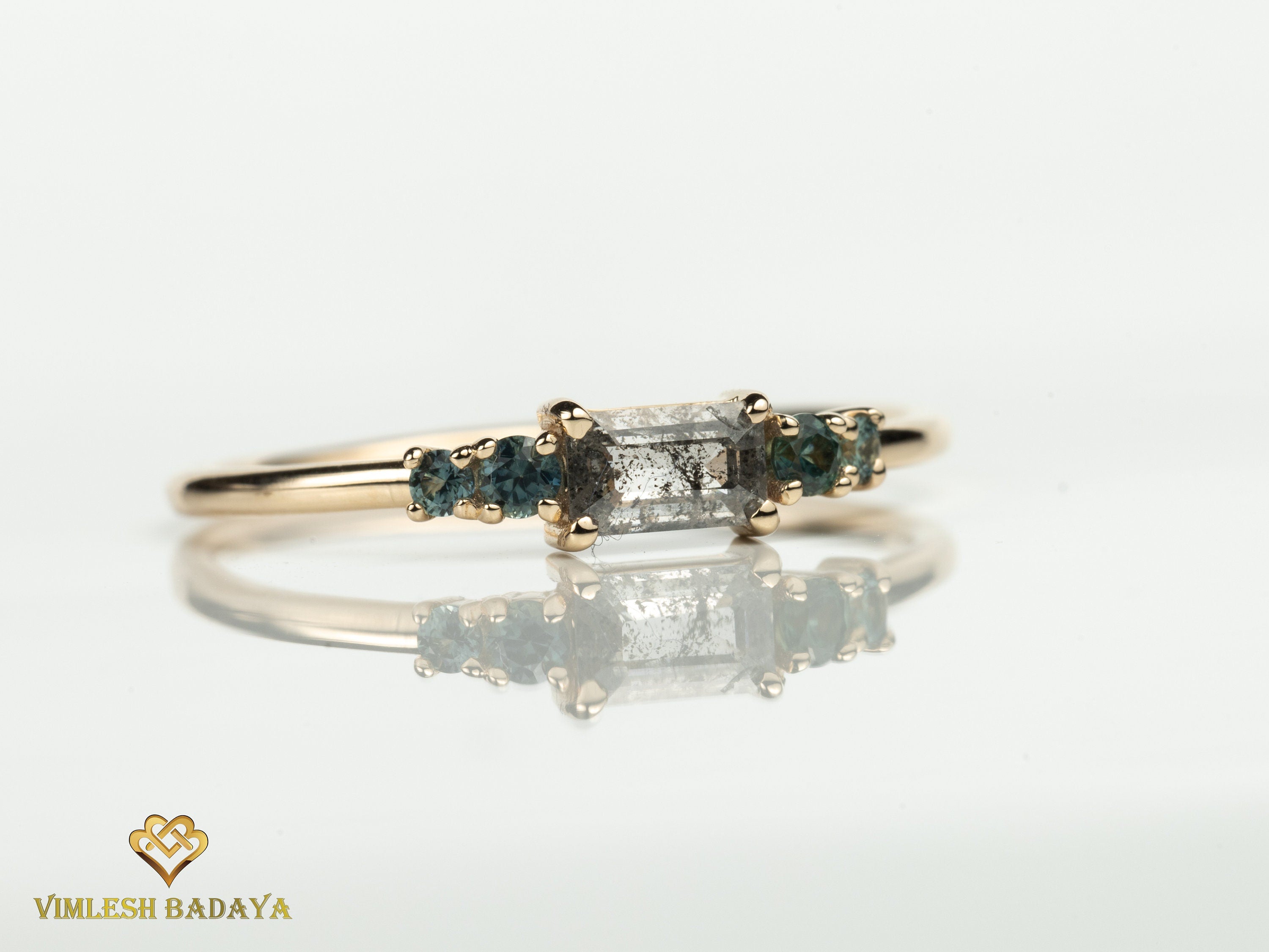 Gray Diamond and Teal Sapphire Ring | Salt and Pepper Diamond Stacking Ring -