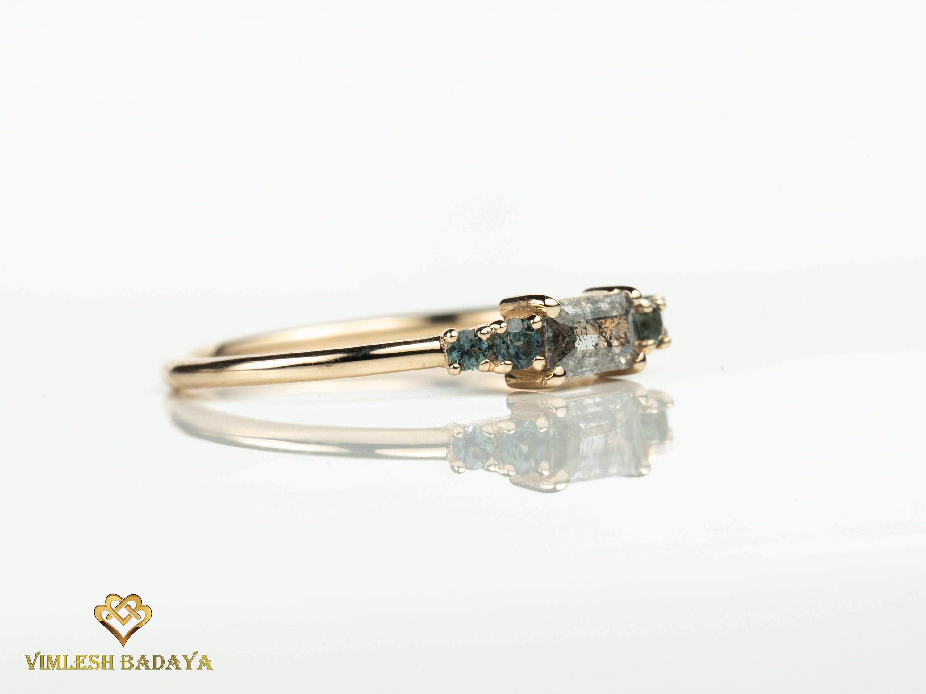 Gray Diamond and Teal Sapphire Ring | Salt and Pepper Diamond Stacking Ring -