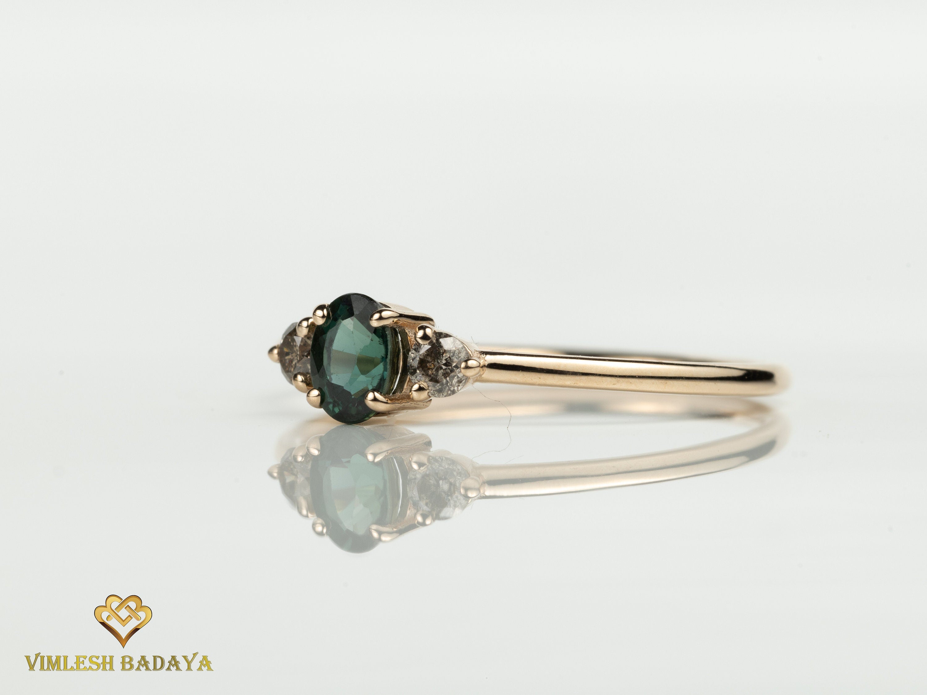 Teal Sapphire & Salt Pepper Diamond Engagement Ring | Australian Sapphire Parti Sapphire -