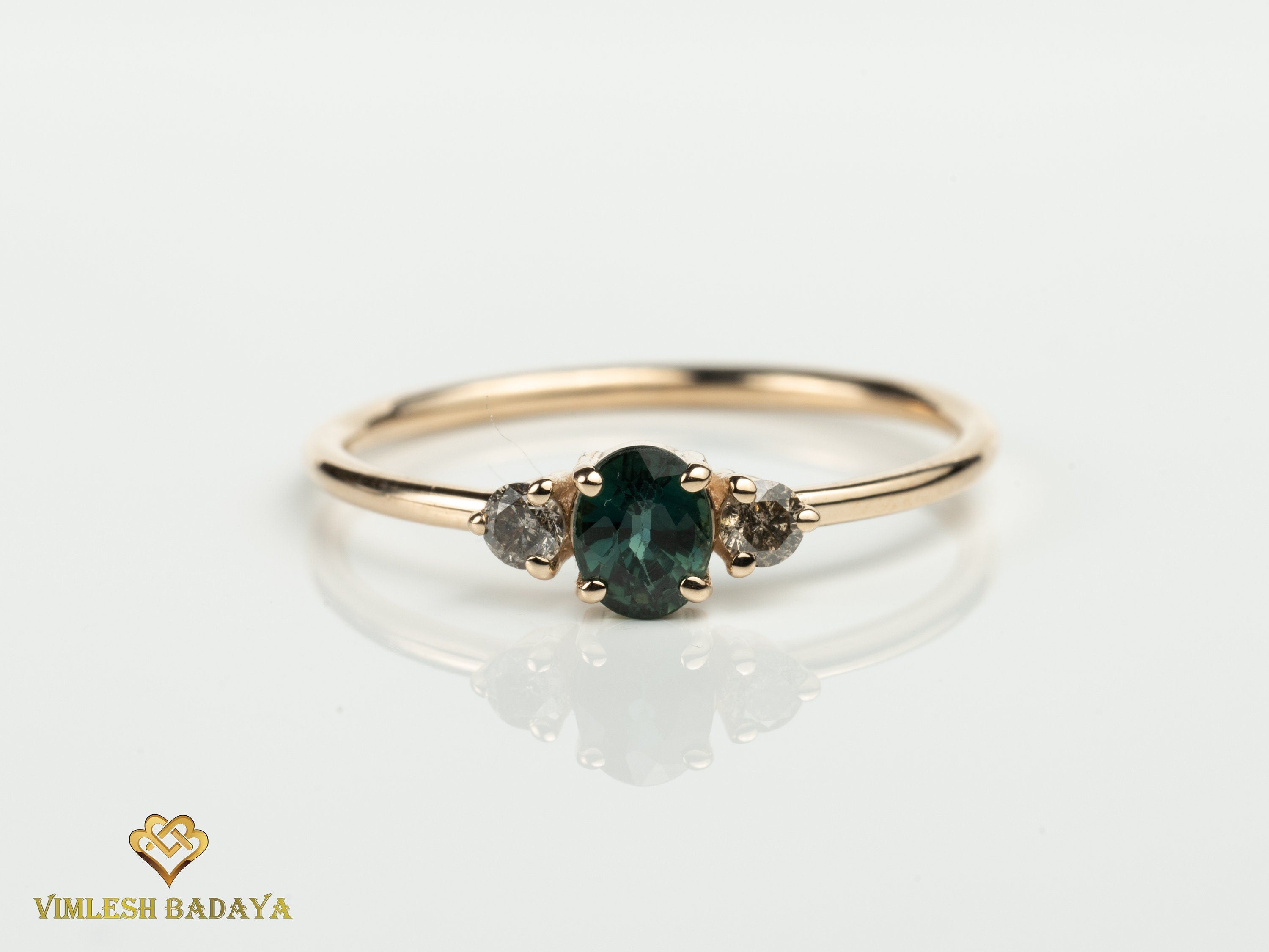 Teal Sapphire & Salt Pepper Diamond Engagement Ring | Australian Sapphire Parti Sapphire -