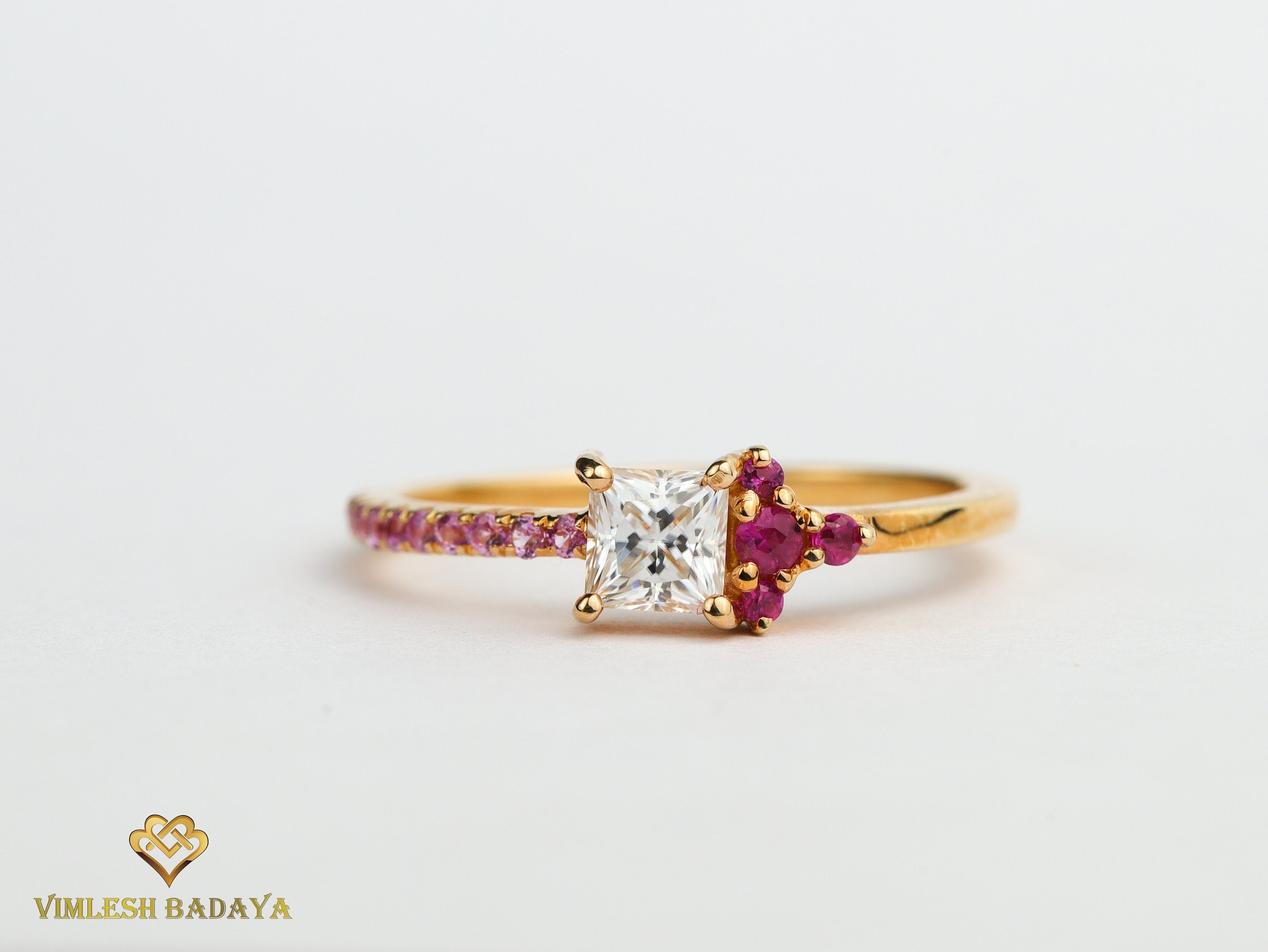 GIA Princess Diamond, Ruby & Sapphire Ring | Anniversary Engagement Ring -