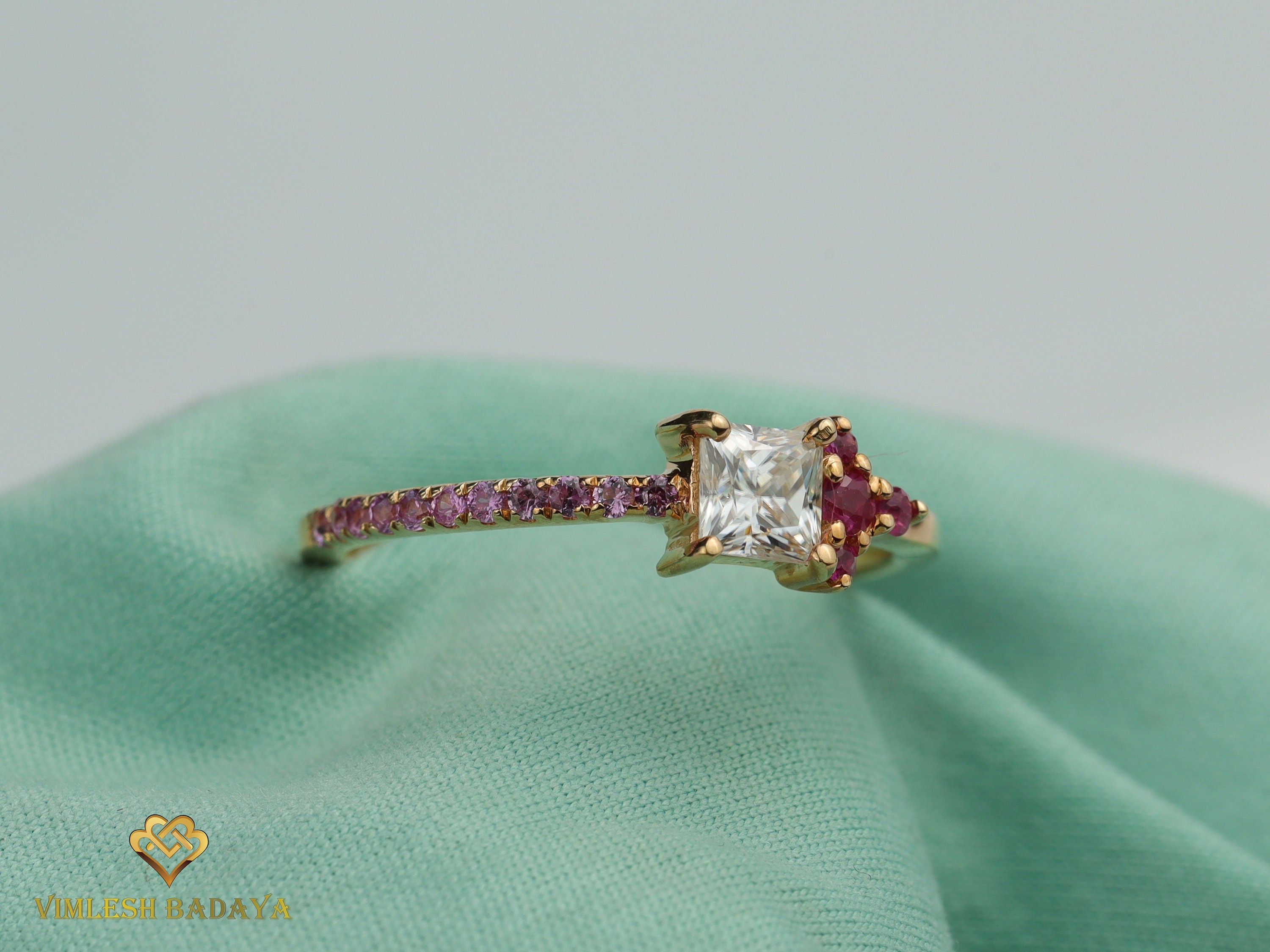 GIA Princess Diamond, Ruby & Sapphire Ring | Anniversary Engagement Ring -