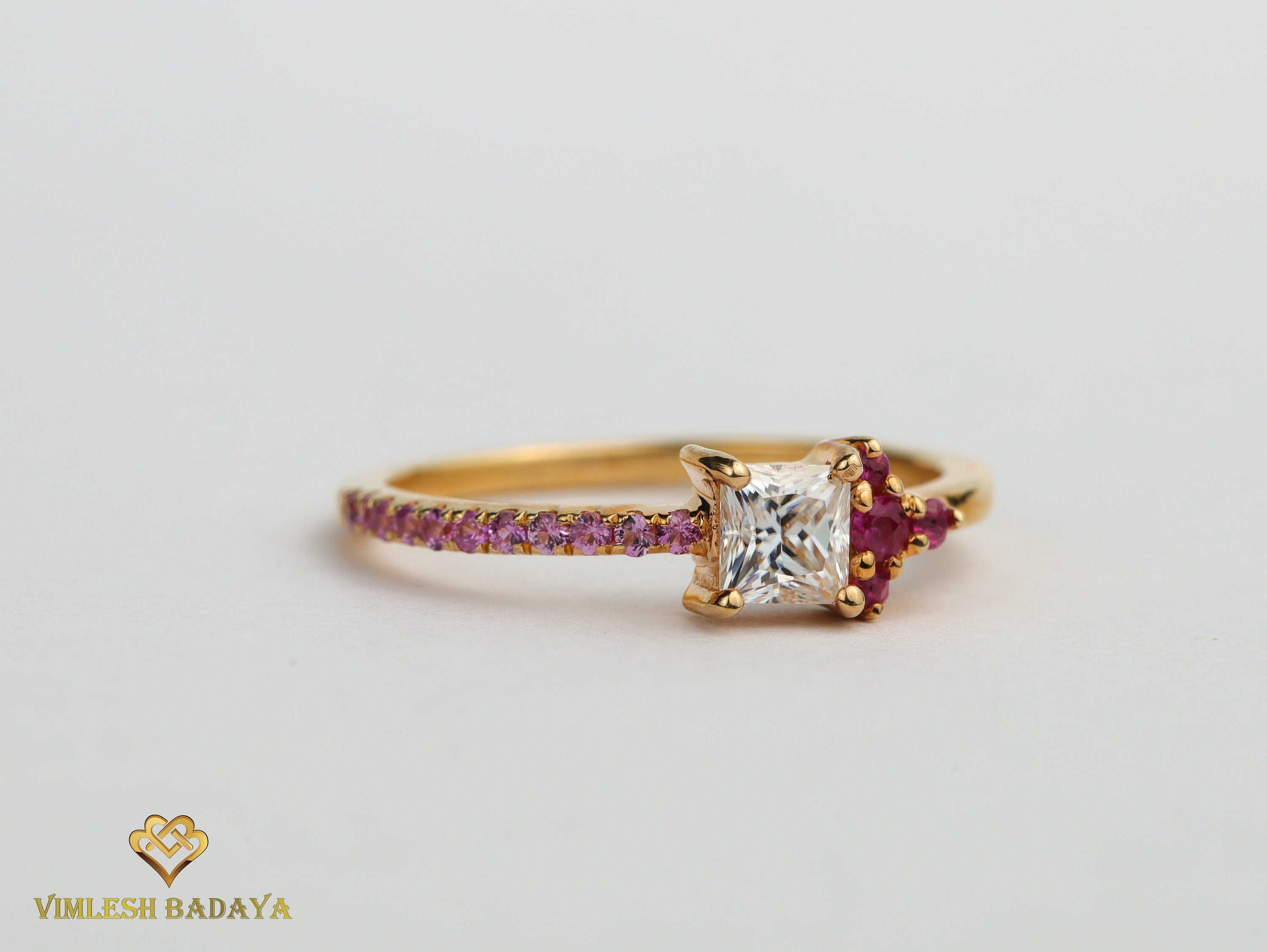 GIA Princess Diamond, Ruby & Sapphire Ring | Anniversary Engagement Ring -