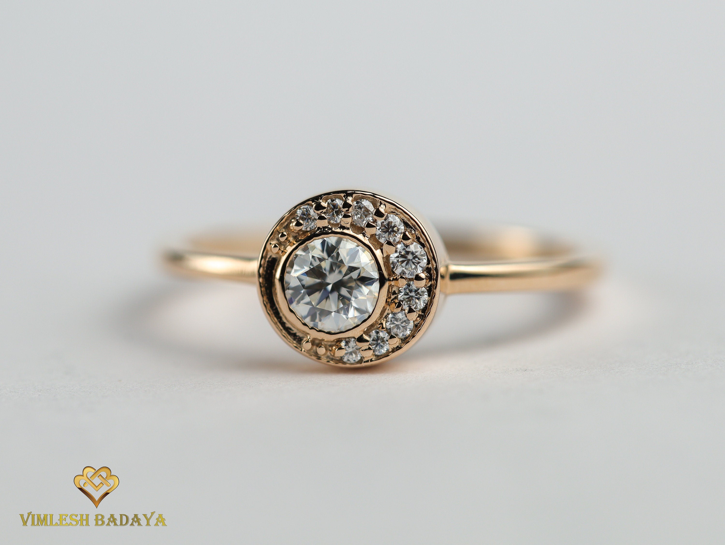 GIA Diamond Half Moon Engagement Ring | Certified Halo Diamond Ring | Promise Ring -