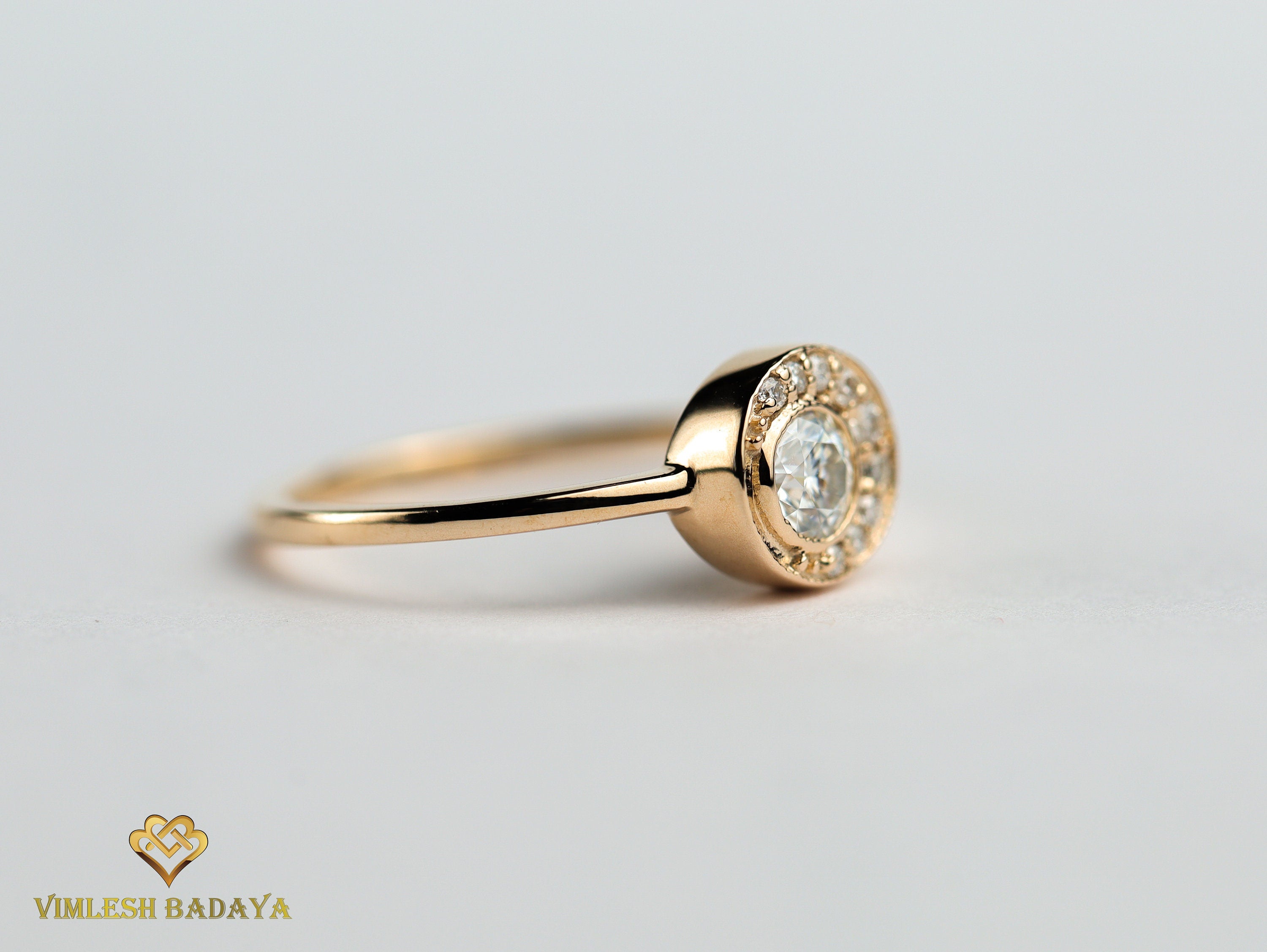 GIA Diamond Half Moon Engagement Ring | Certified Halo Diamond Ring | Promise Ring -