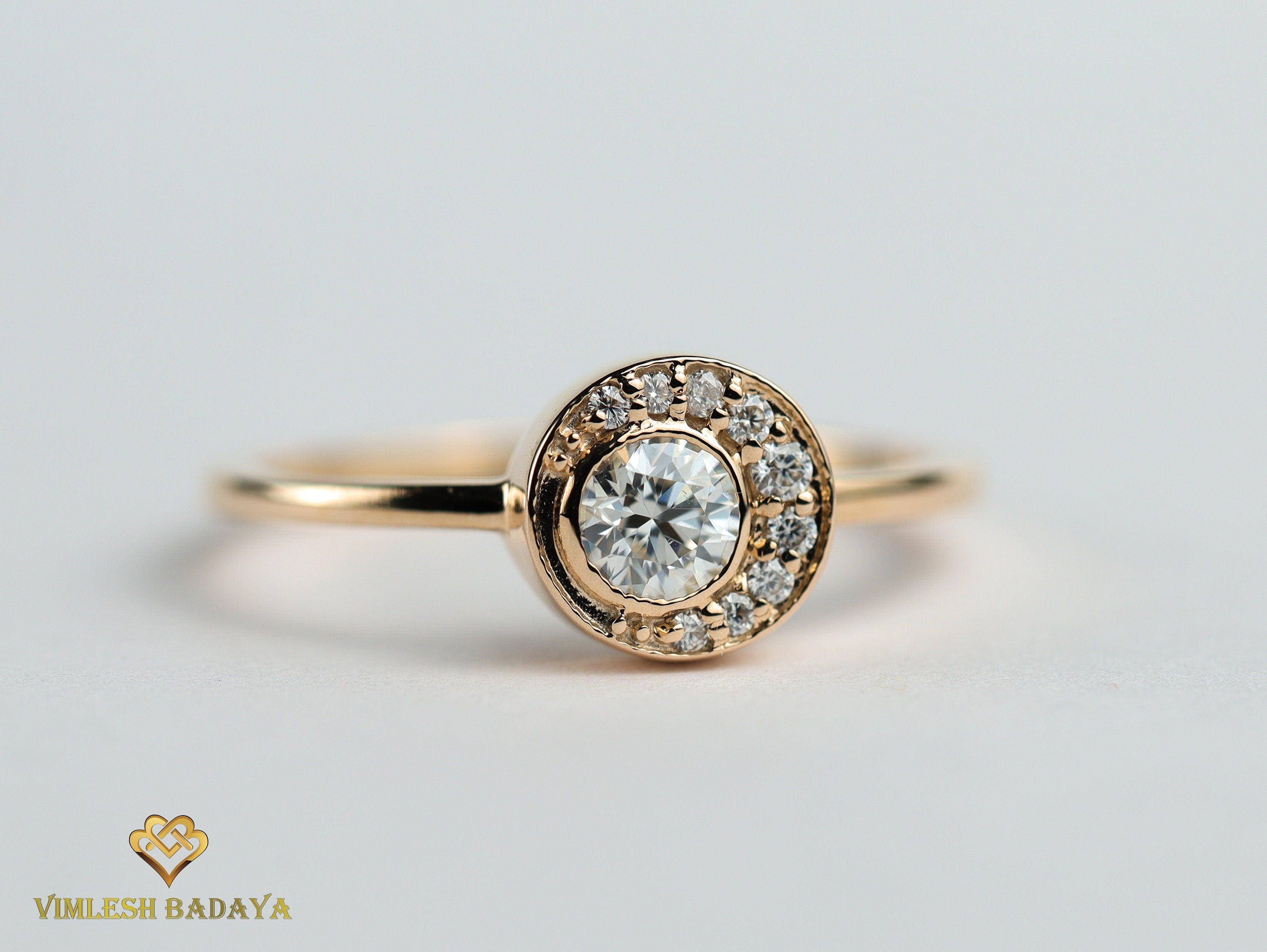 GIA Diamond Half Moon Engagement Ring | Certified Halo Diamond Ring | Promise Ring -
