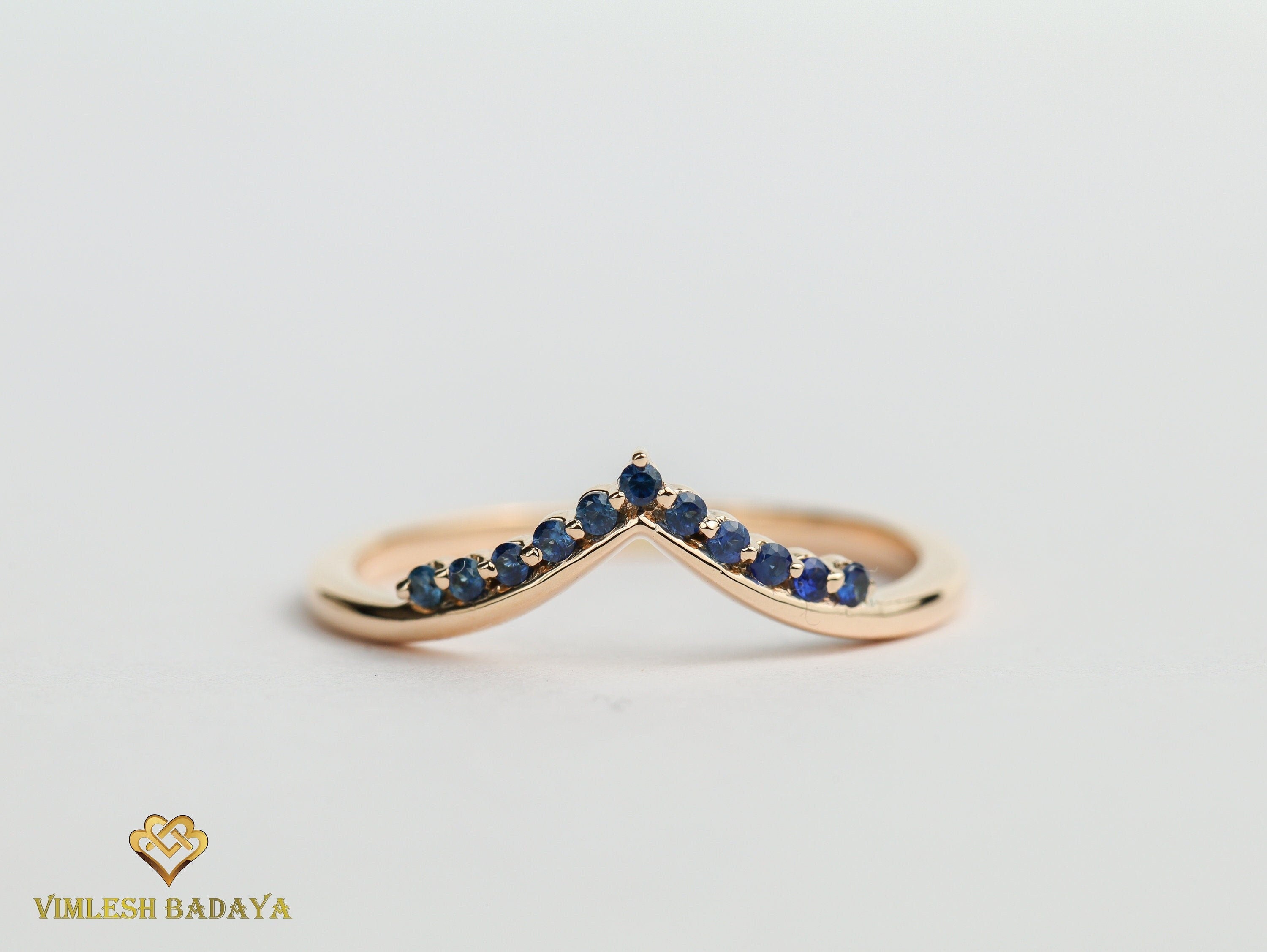 Chevron Sapphire Wedding Ring | Nesting Sapphire Band | Stackable Blue Sapphire Wedding Ring -