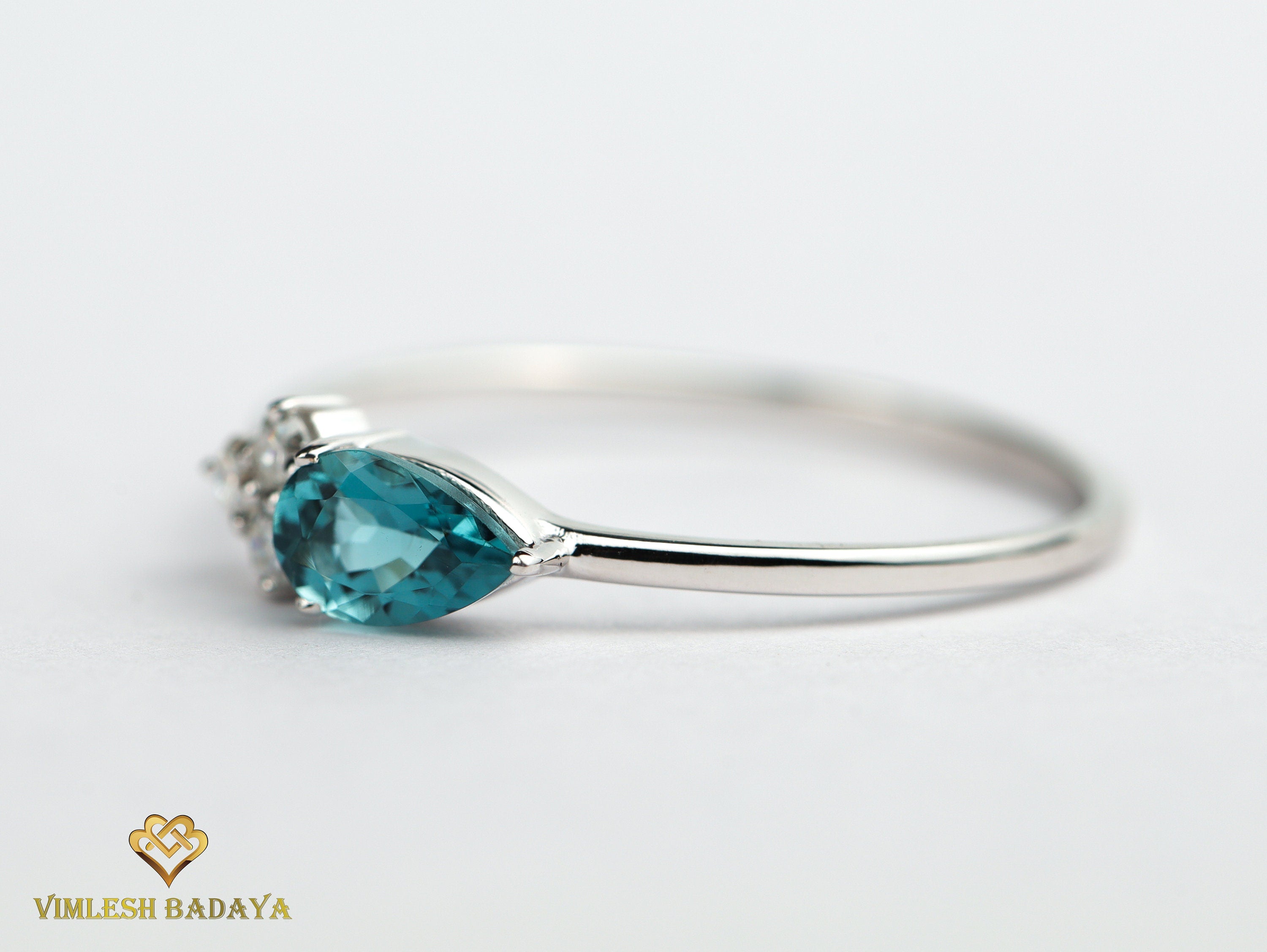 Blue Tourmaline and Diamond Stacking Ring | Pear Cut Paraiba Tourmaline Ring | Gift Ring -