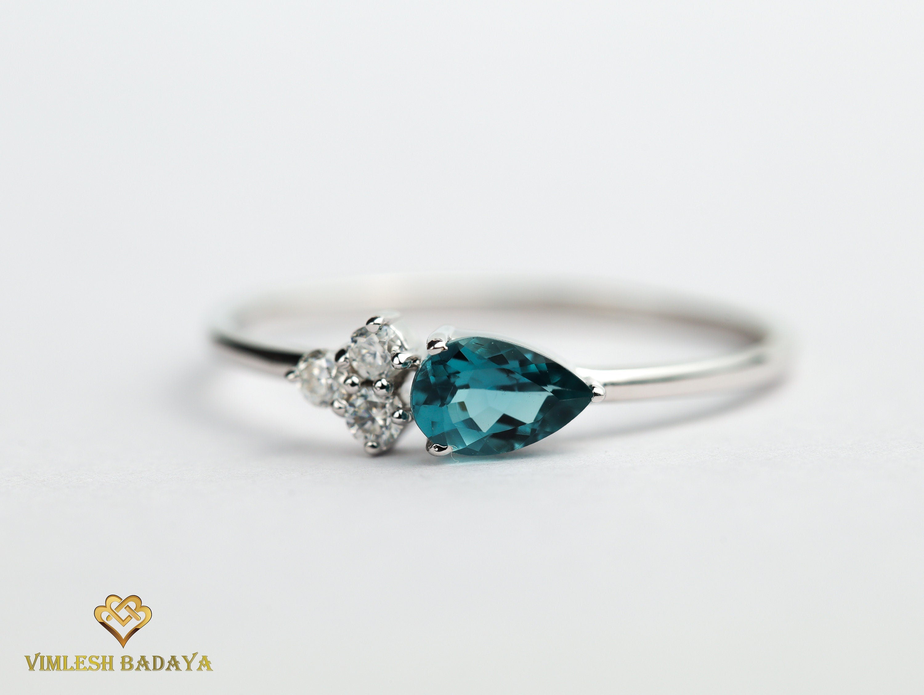 Blue Tourmaline and Diamond Stacking Ring | Pear Cut Paraiba Tourmaline Ring | Gift Ring -