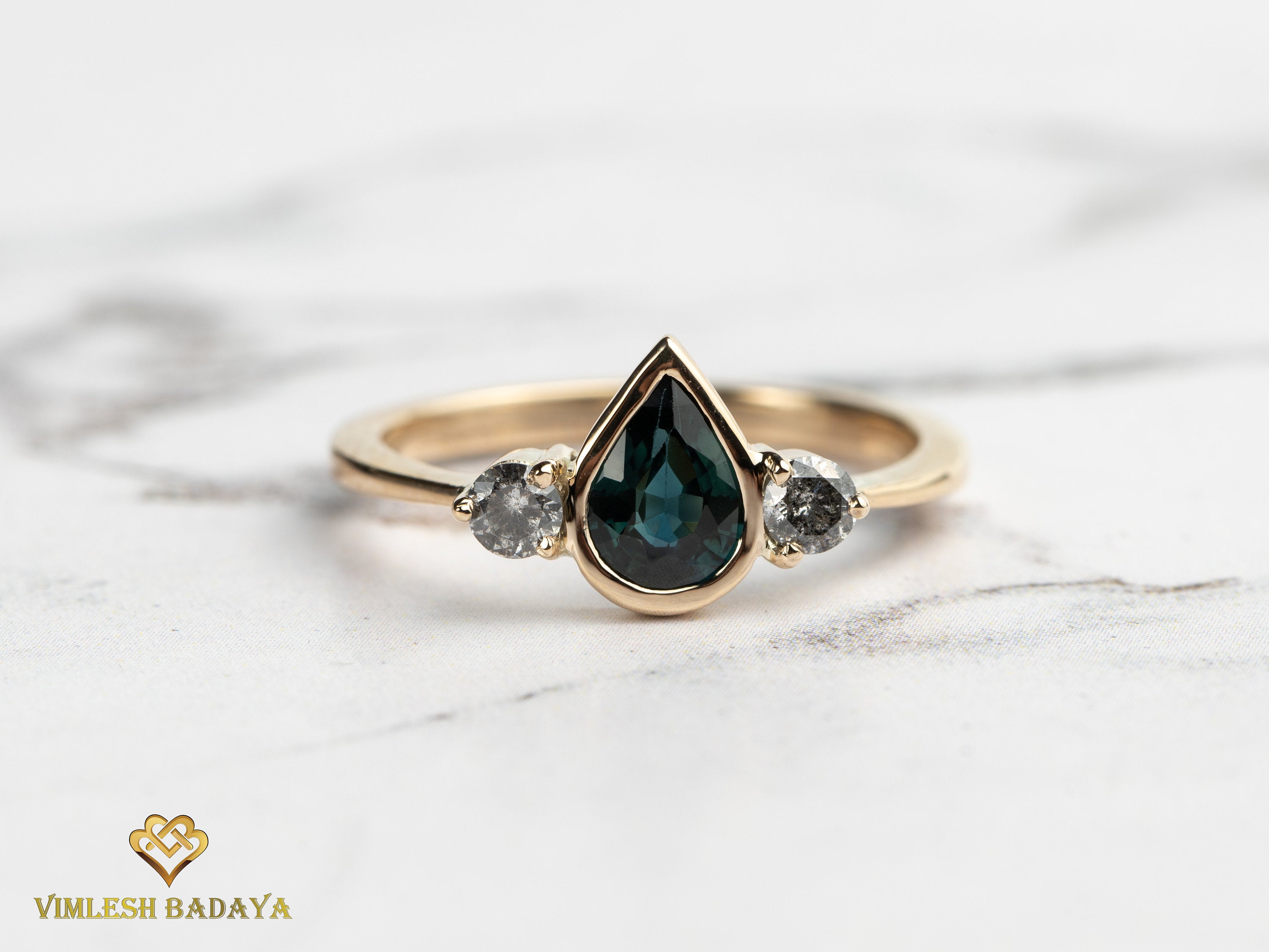 Teal Sapphire & Gray Diamond Engagement Ring | Pear Cut Teal Sapphire Ring with Salt Pepper Diamond -