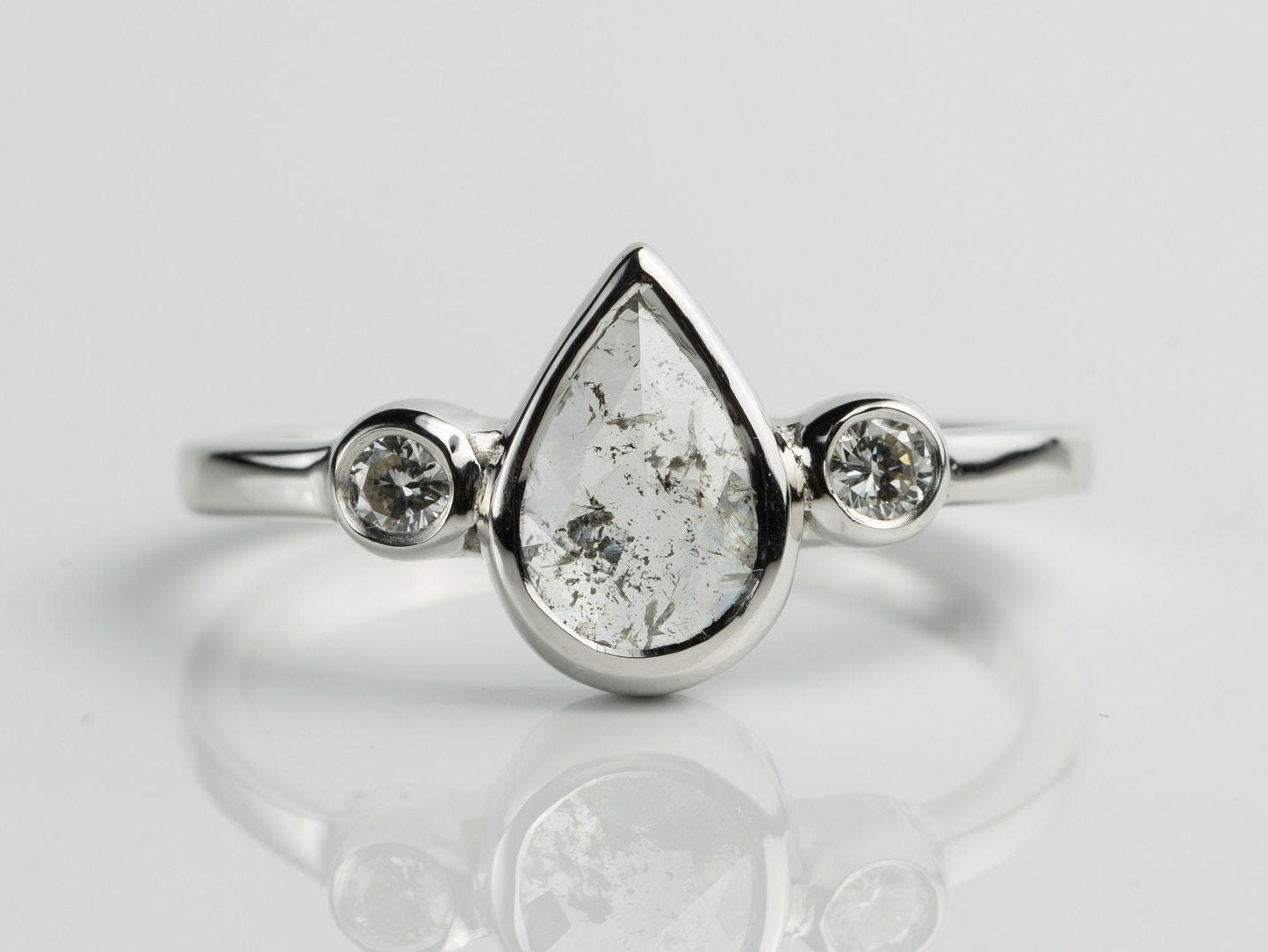 Salt and Pepper Diamond Engagement Ring | Pear Cut and Round Cut Three Stone Ring | Bezel Set in Solid Gold -