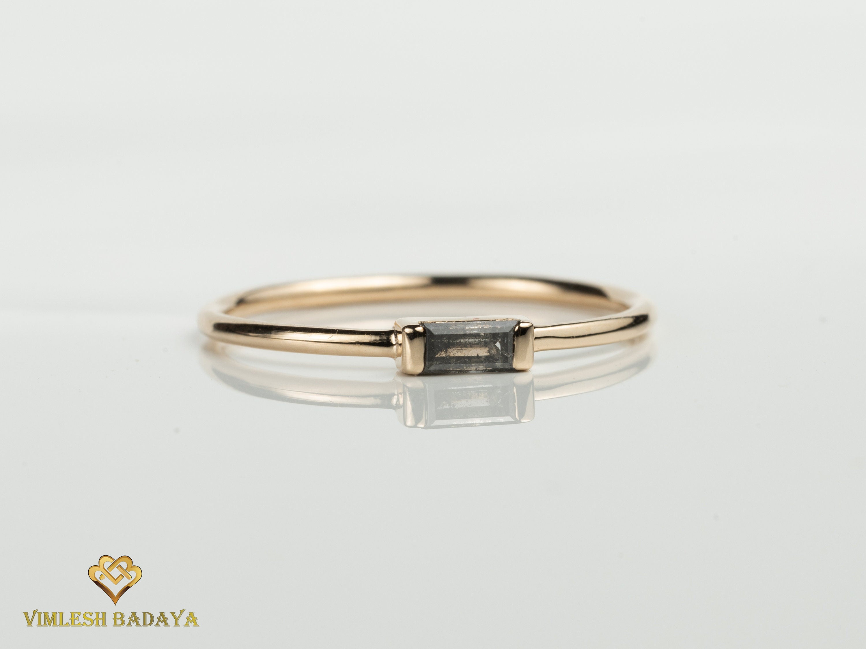 Gray Diamond Baguette Ring | Salt and Pepper Diamond Stacking Ring | Minimalist Design -