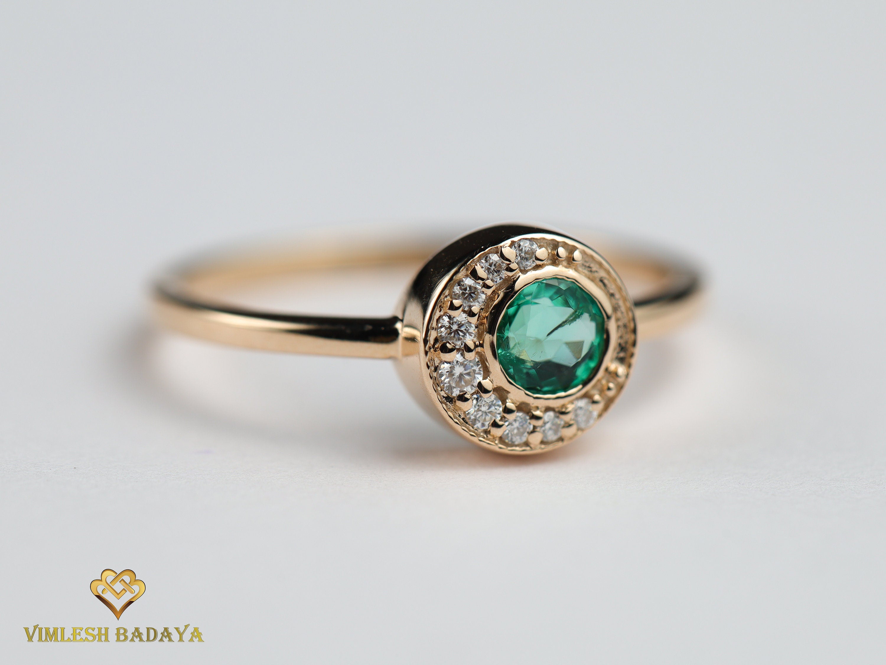 Emerald and Diamond Unique Cluster Ring | Sun and Moon Gold Diamond Emerald Engagement Ring -