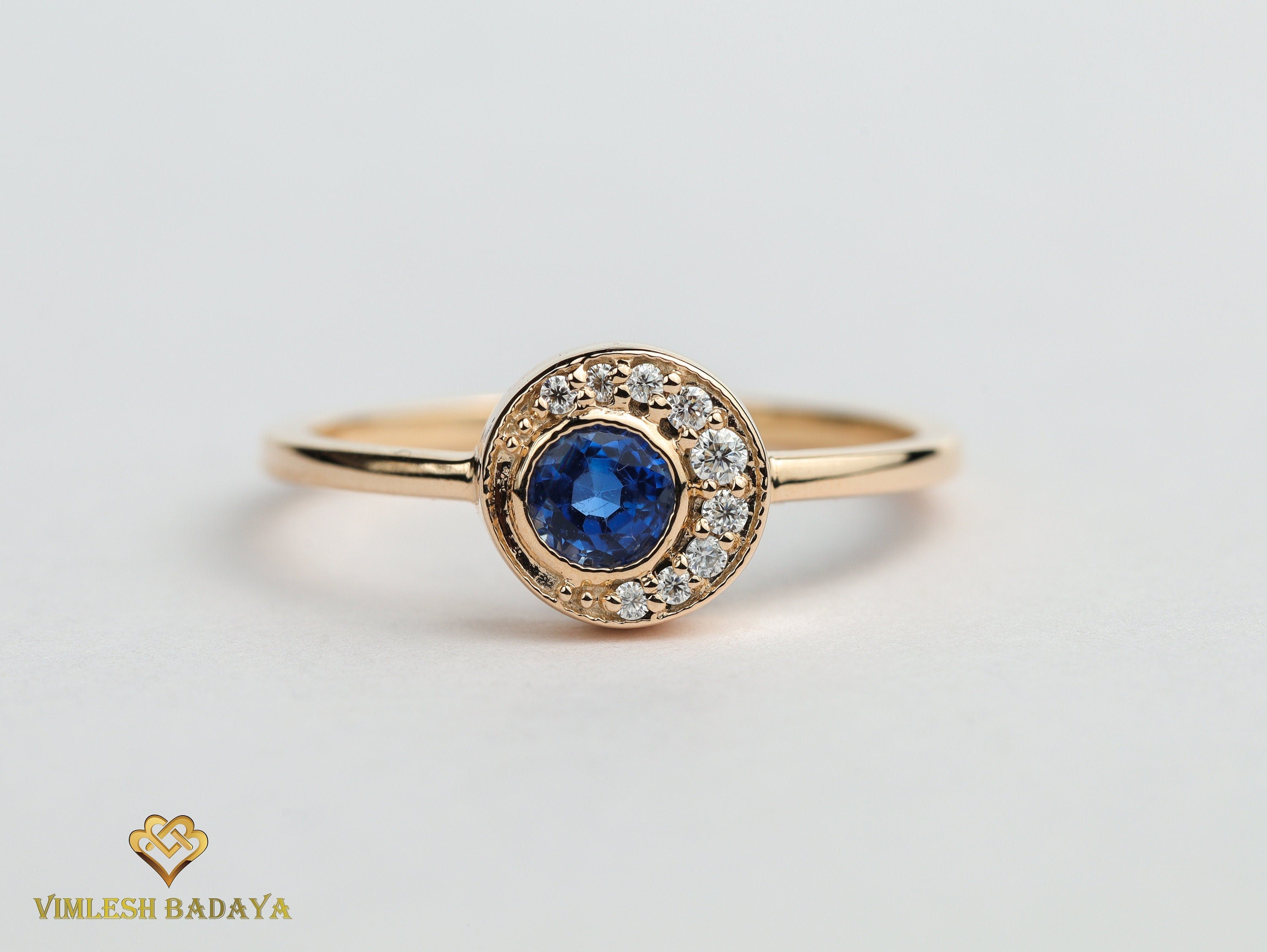 Blue Sapphire Diamond Engagement Ring | Art Deco Sapphire & Diamond Ring | Birthstone Engagement Ring -