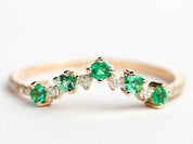 Green Emerald Cluster Wedding Ring | Curved Emerald & Diamond Wedding Band -
