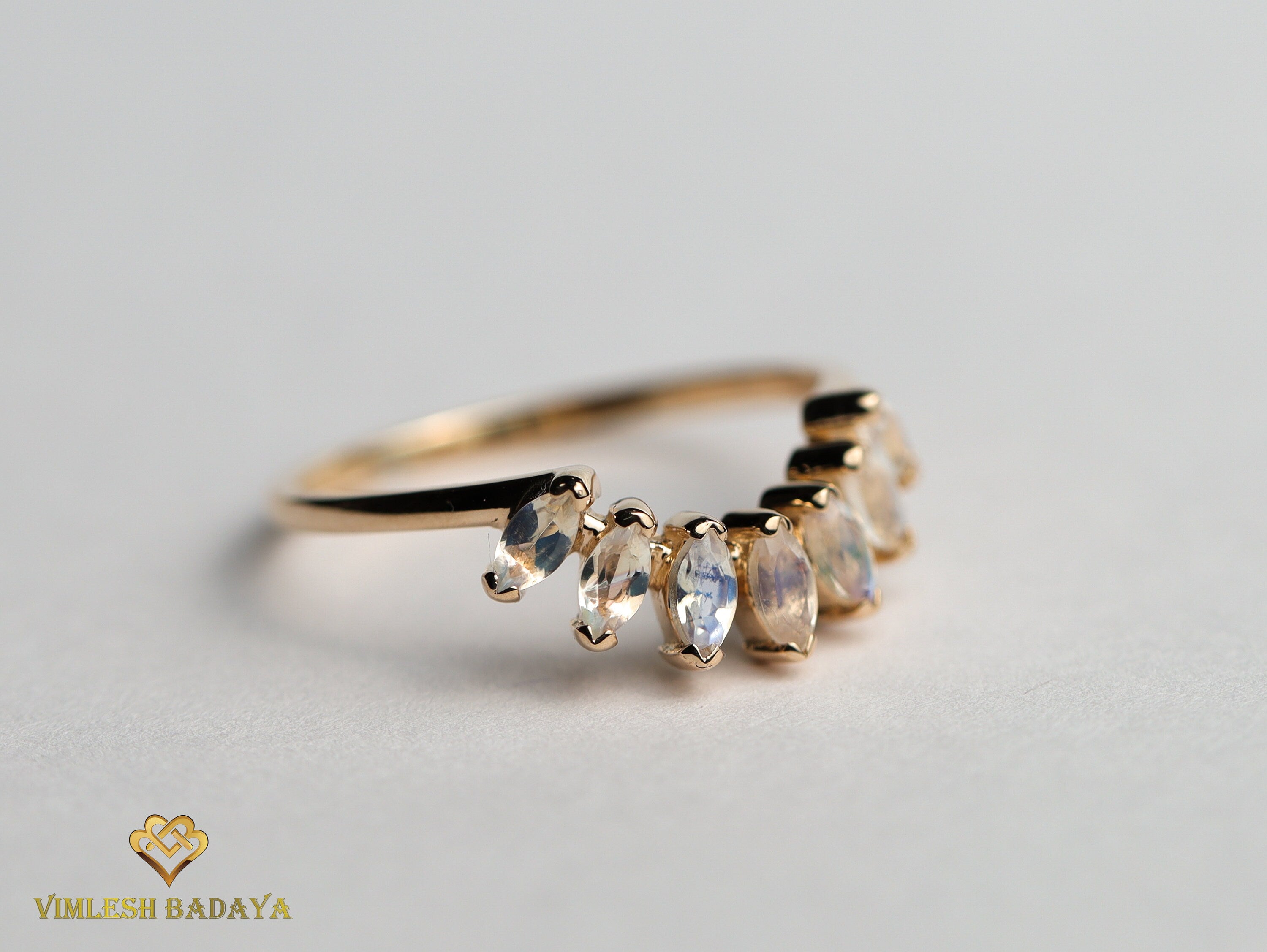 Moonstone Wedding Band | Rainbow Moonstone Curved Stacking Ring | June Birthstone -
