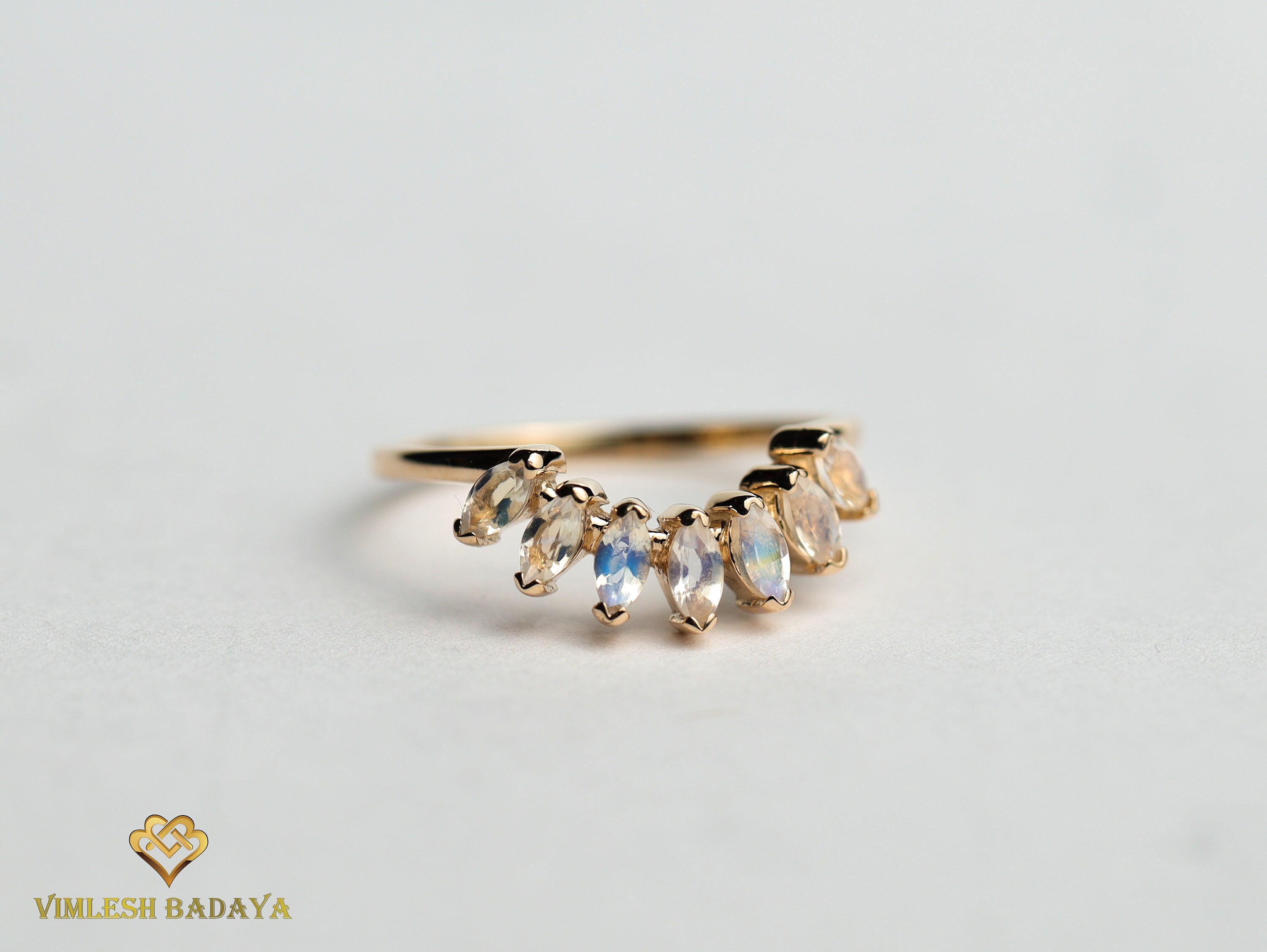 Moonstone Wedding Band | Rainbow Moonstone Curved Stacking Ring | June Birthstone -