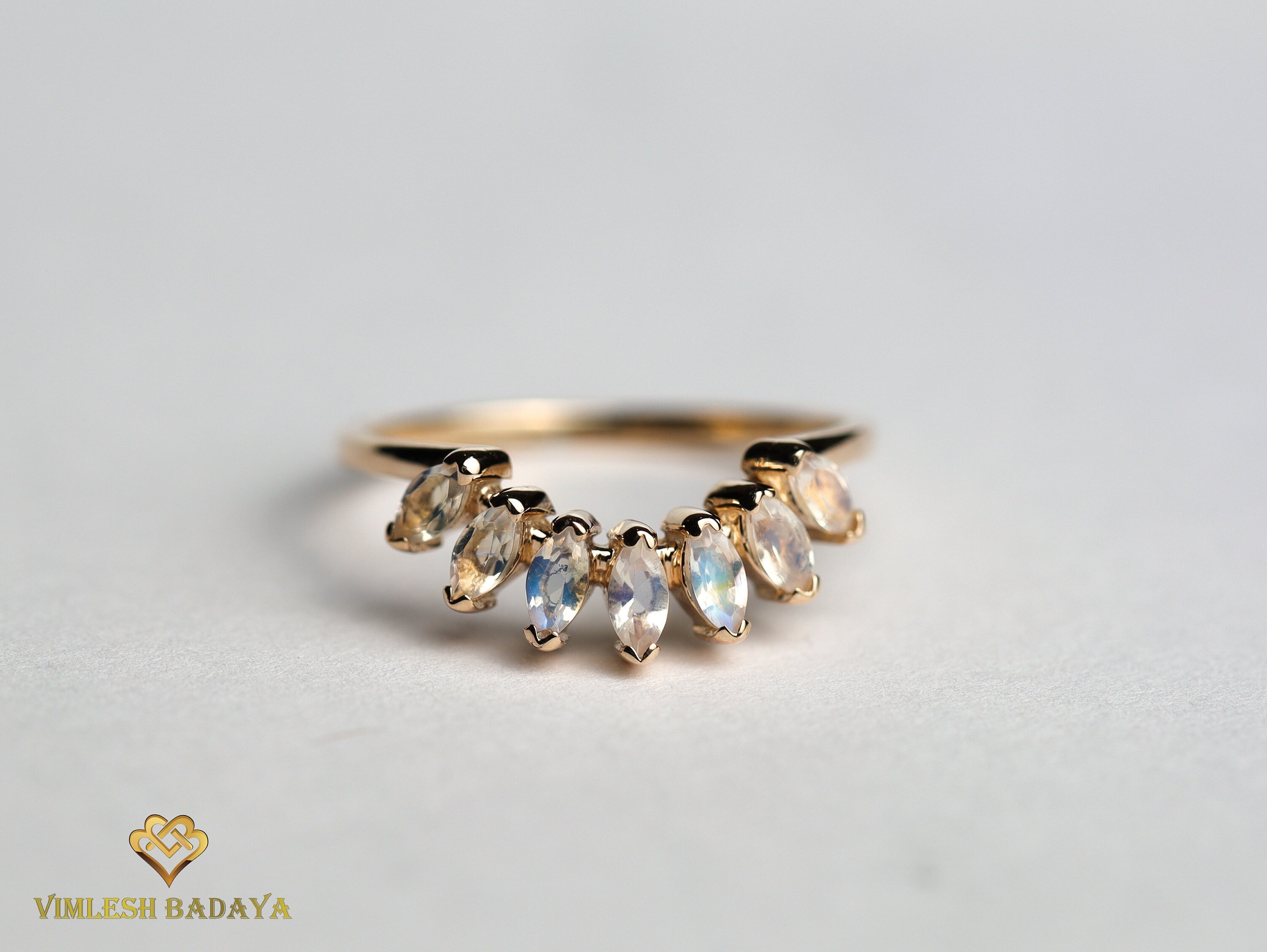 Moonstone Wedding Band | Rainbow Moonstone Curved Stacking Ring | June Birthstone -