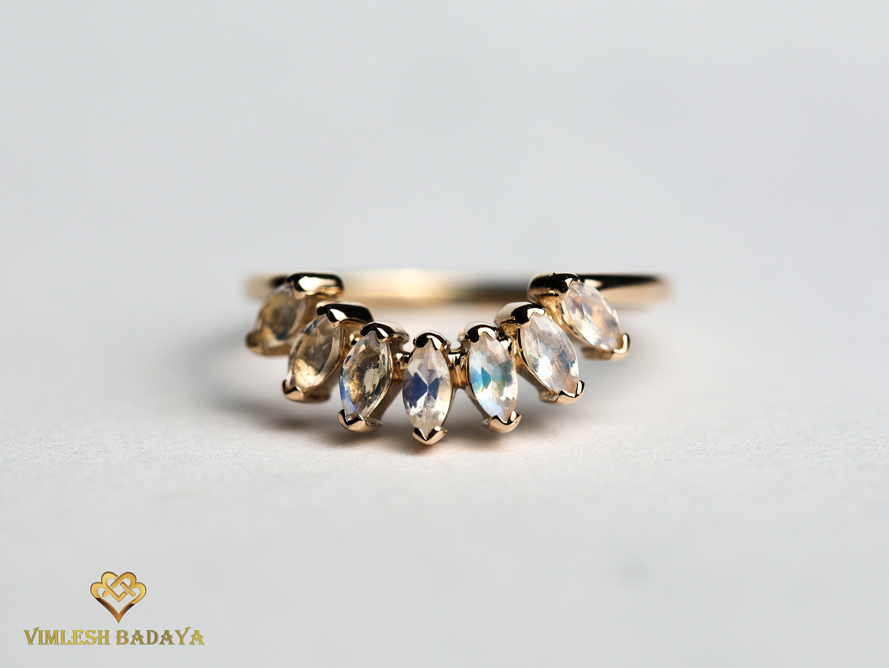 Moonstone Wedding Band | Rainbow Moonstone Curved Stacking Ring | June Birthstone -