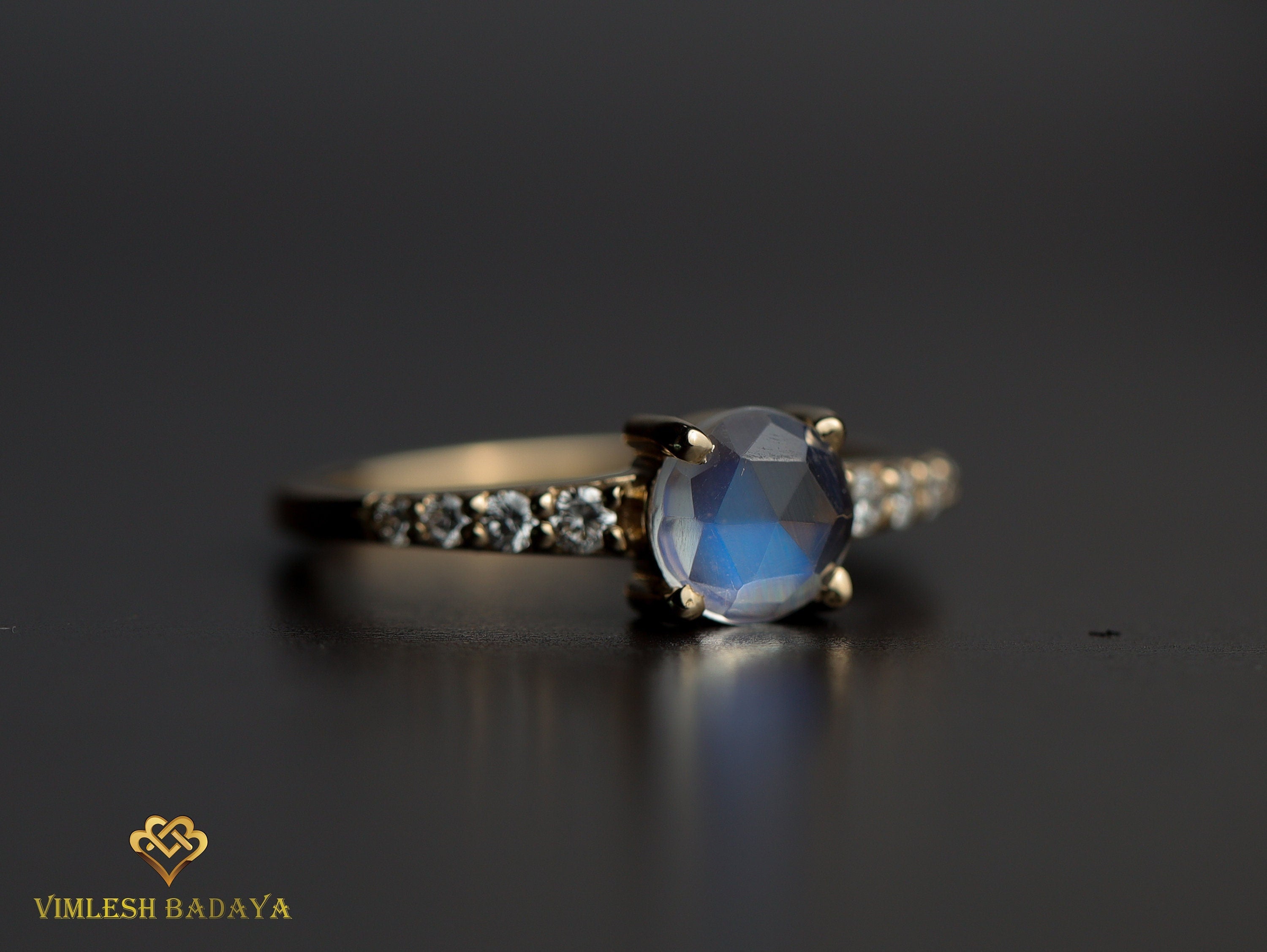 Rainbow Moonstone Ring | Round Moonstone | Diamond Engagement Ring -