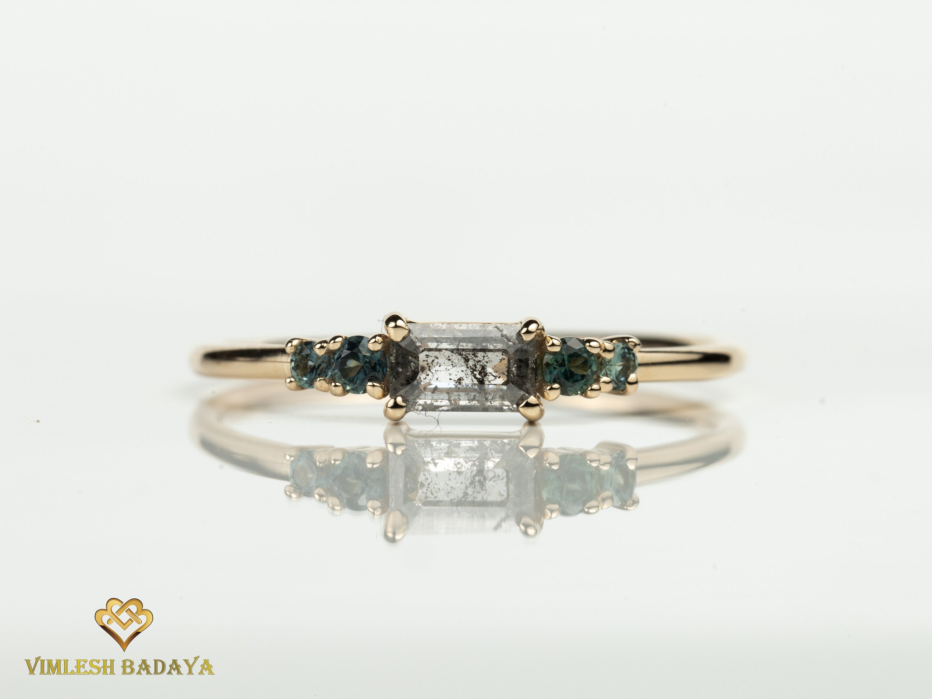 Gray Diamond and Teal Sapphire Ring | Salt and Pepper Diamond Stacking Ring -