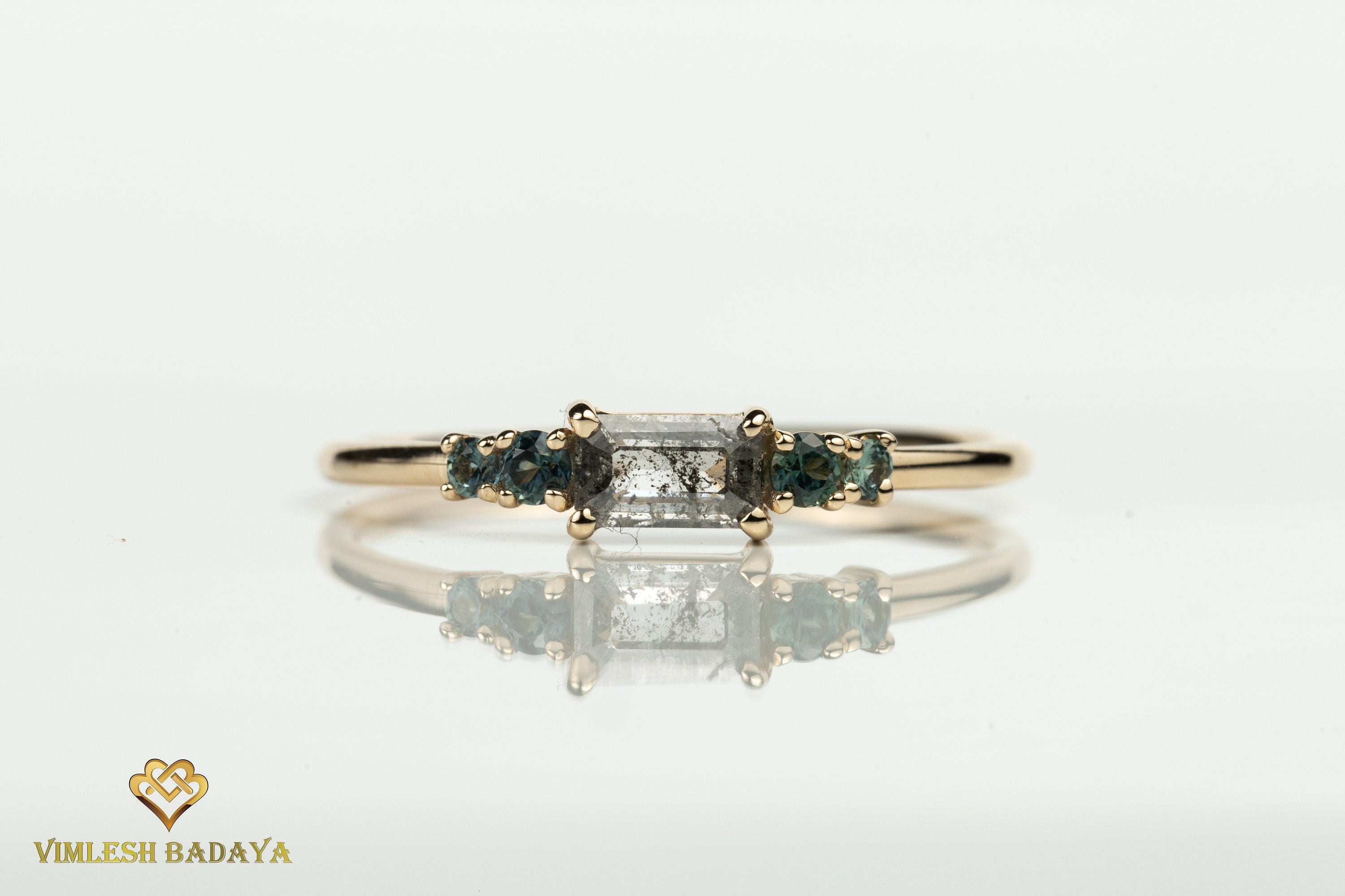 Gray Diamond and Teal Sapphire Ring | Salt and Pepper Diamond Stacking Ring -