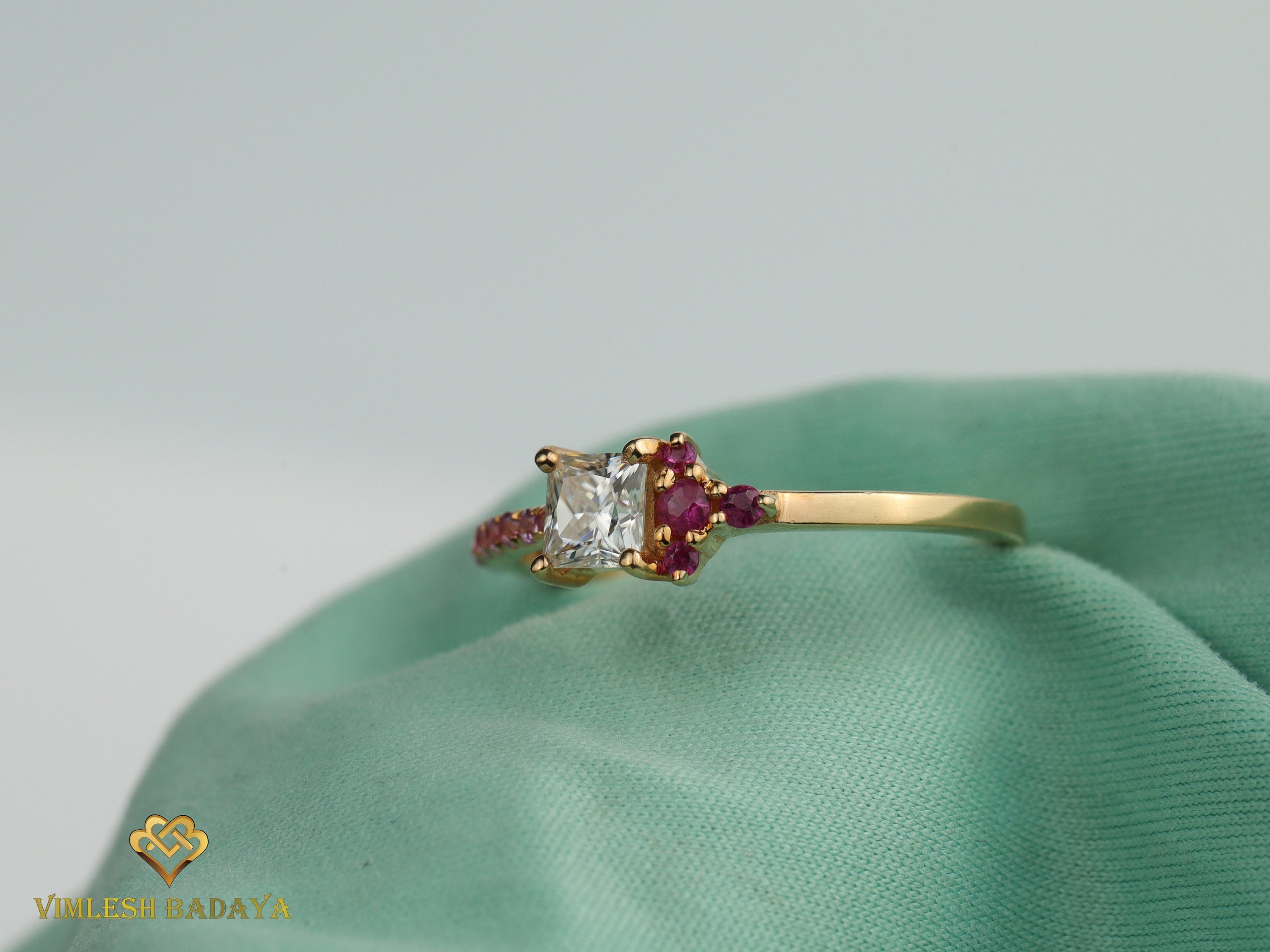 GIA Princess Diamond, Ruby & Sapphire Ring | Anniversary Engagement Ring -