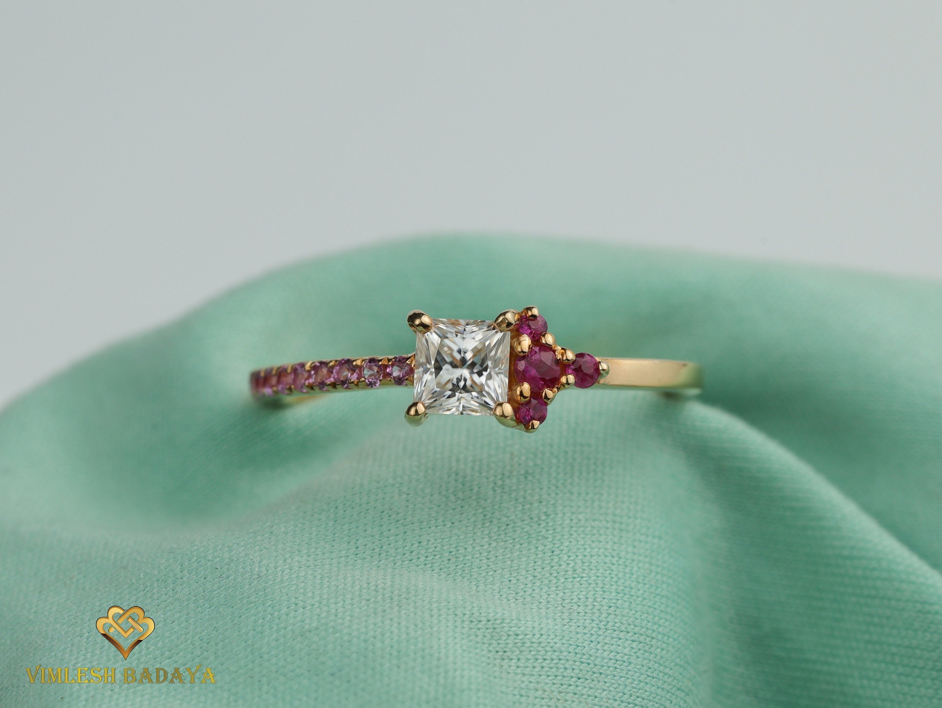 GIA Princess Diamond, Ruby & Sapphire Ring | Anniversary Engagement Ring -