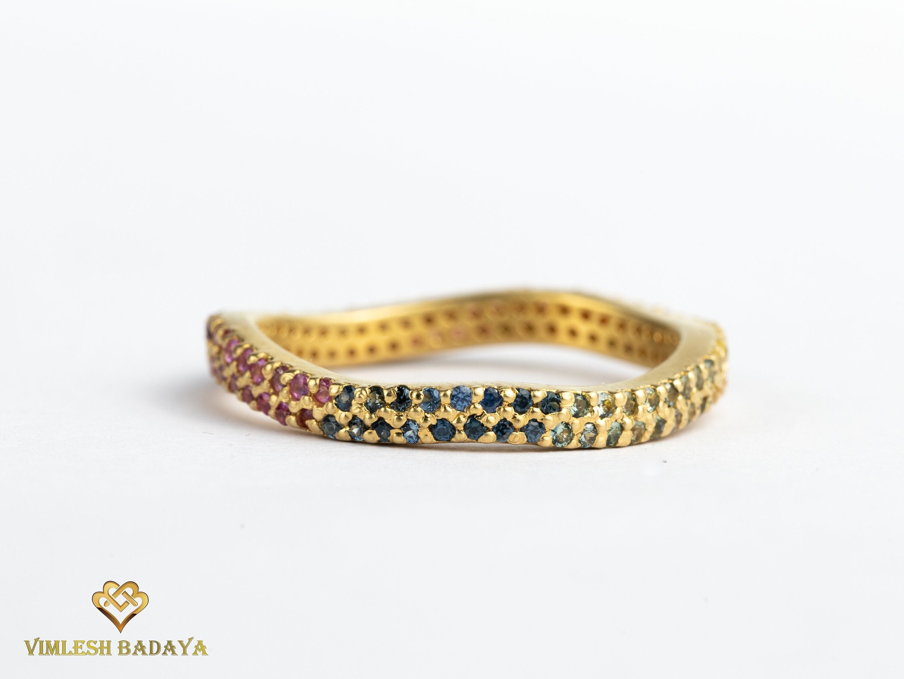 Rainbow Sapphire Full Eternity Ring | Multi-Sapphire Wedding Band | Ombre Pave Sapphire Band -