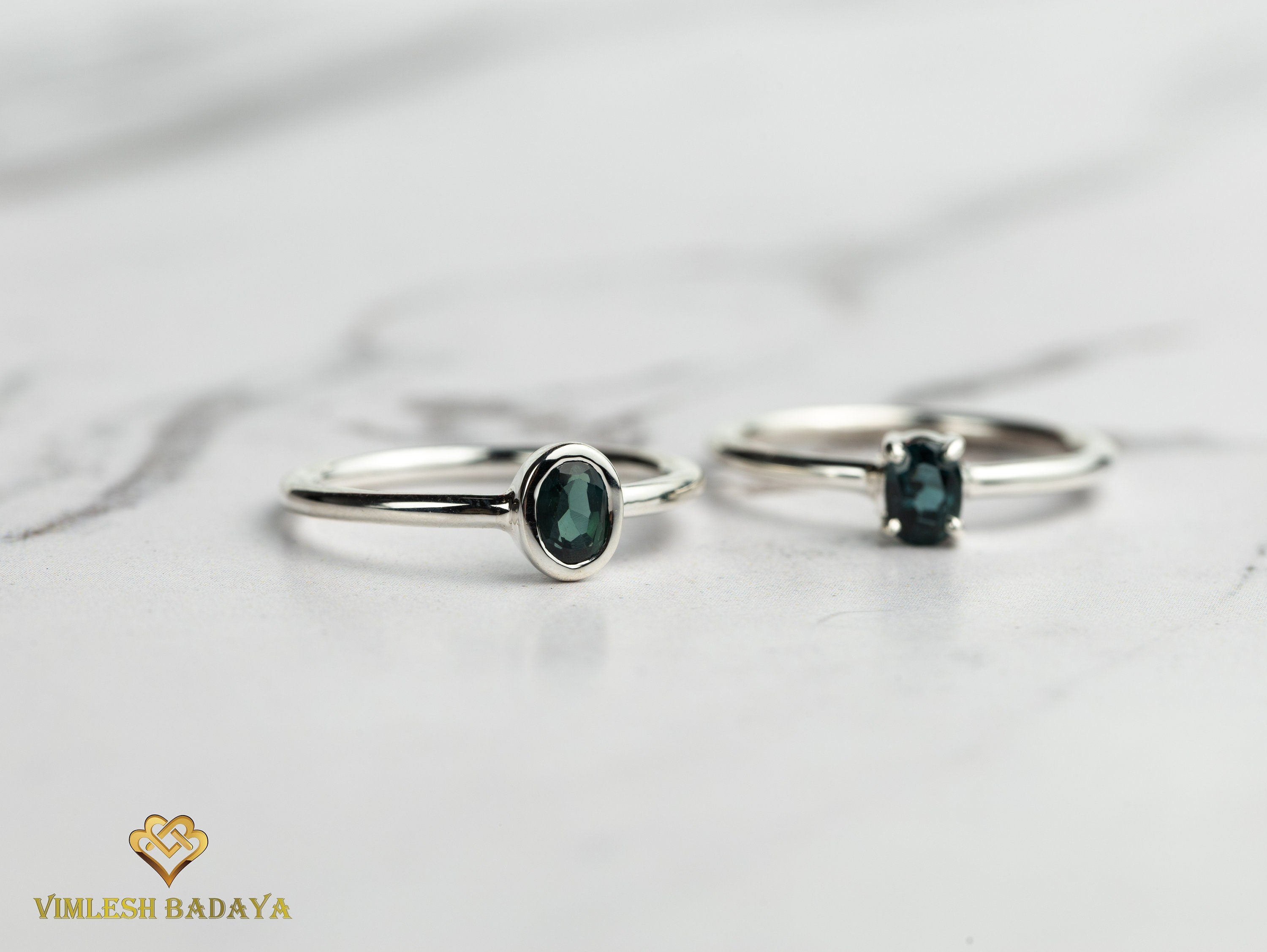 Teal Sapphire Ring | Peacock Sapphire Stacking Ring | Solid Gold Parti Sapphire Ring -