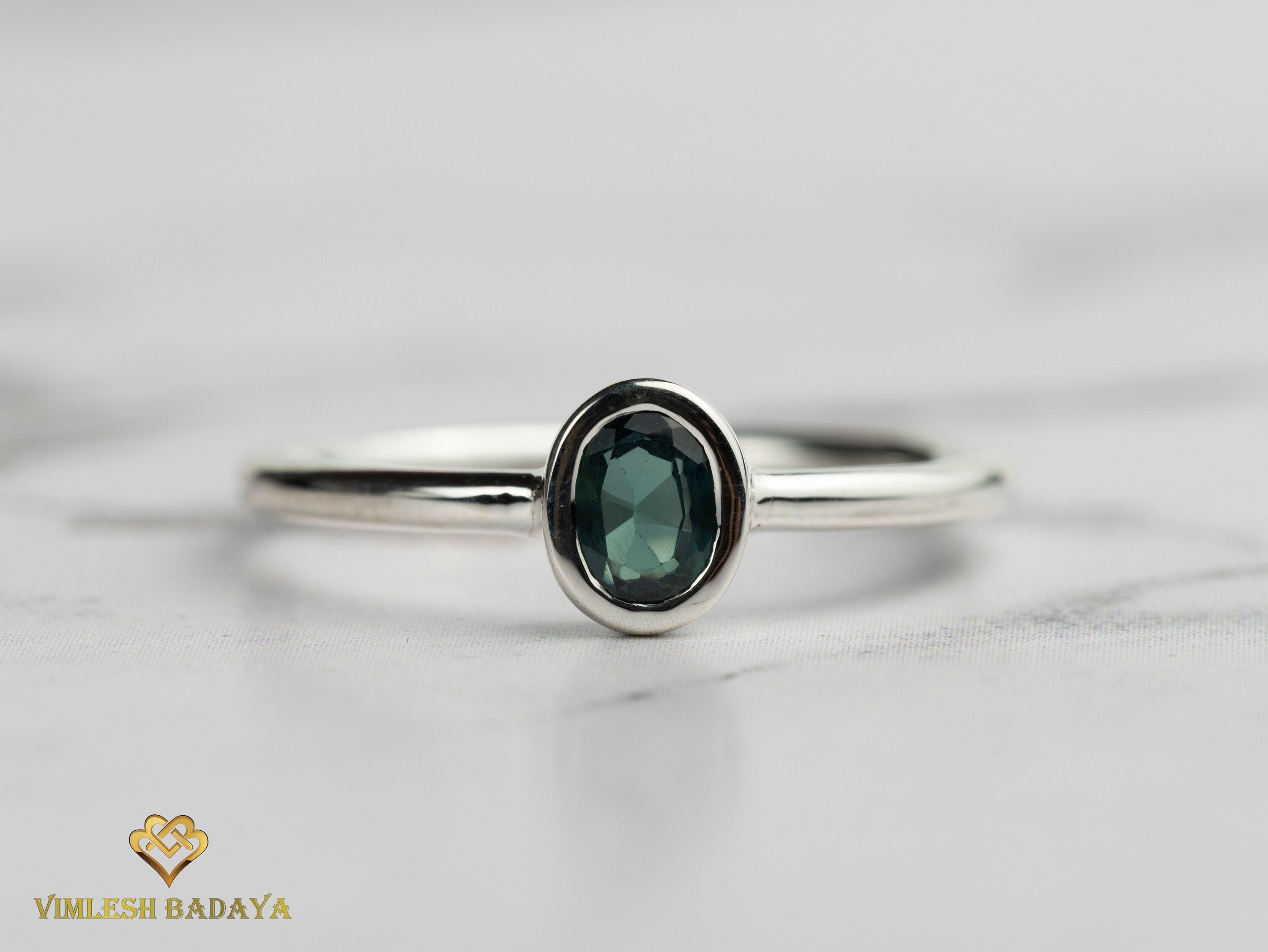 Teal Sapphire Ring | Peacock Sapphire Bezel Stacking Ring | Dainty Solid Gold Parti Sapphire Ring -