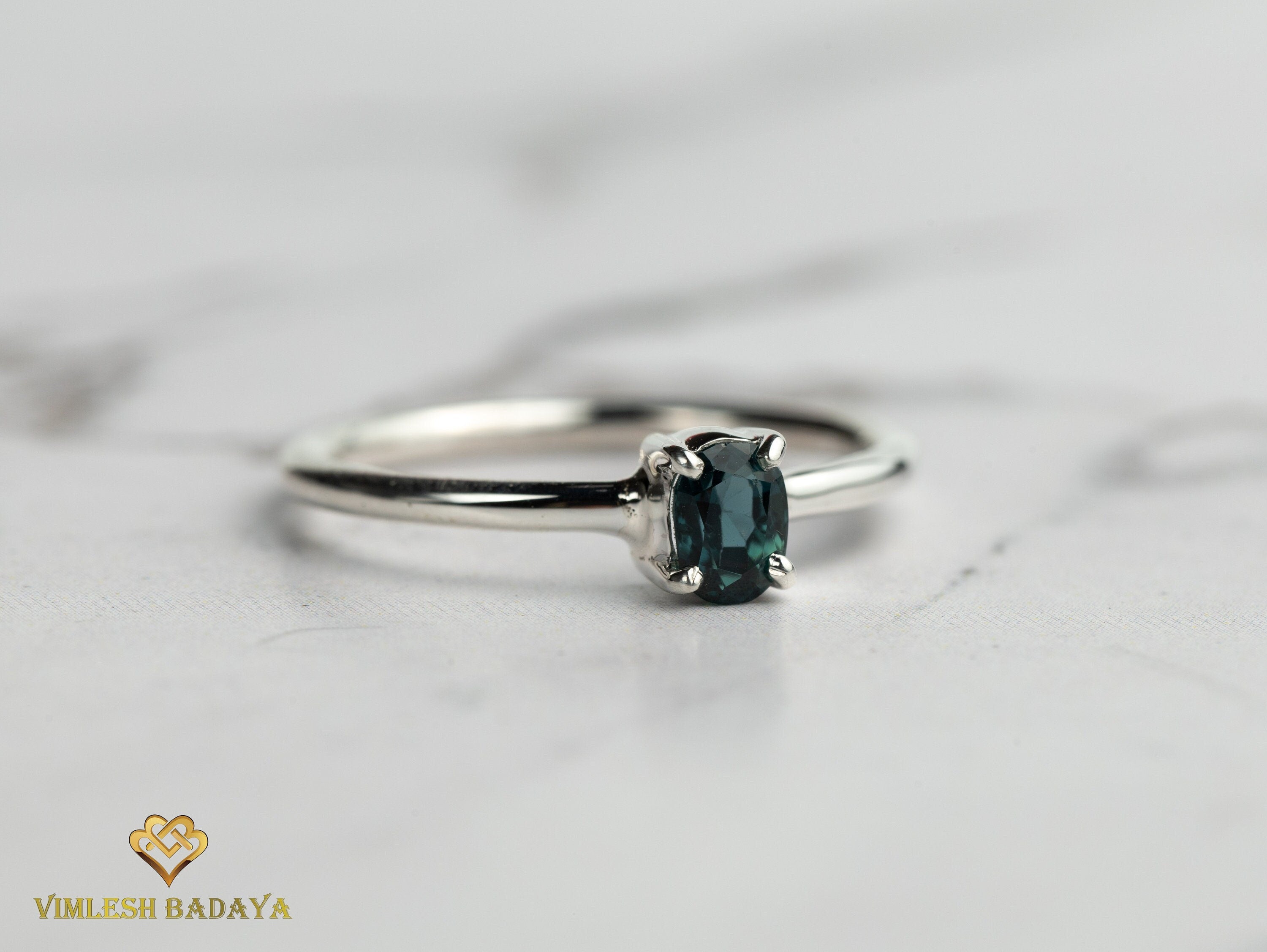Teal Sapphire Ring | Peacock Sapphire Stacking Ring | Solid Gold Parti Sapphire Ring -