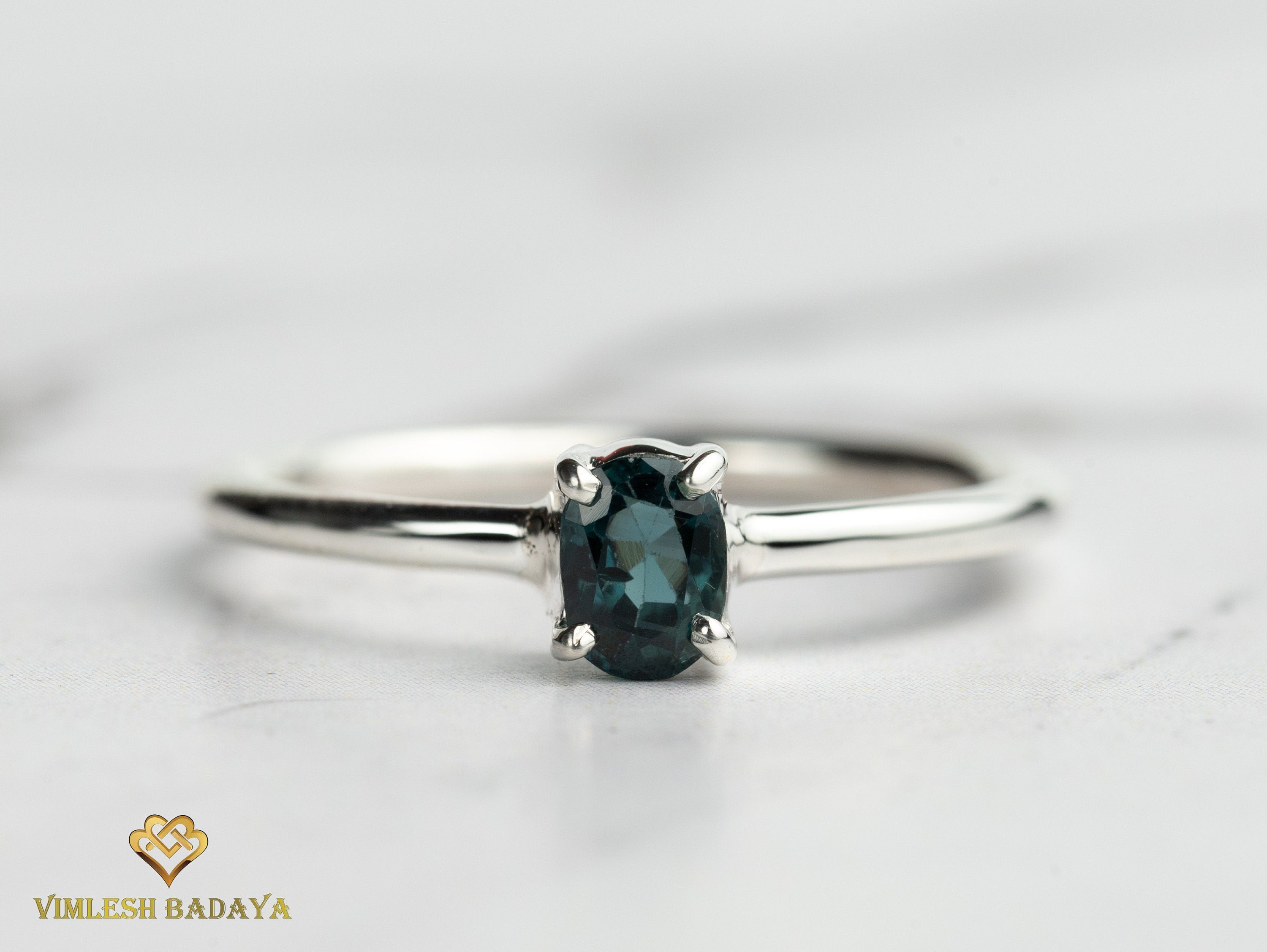 Teal Sapphire Ring | Peacock Sapphire Stacking Ring | Solid Gold Parti Sapphire Ring -