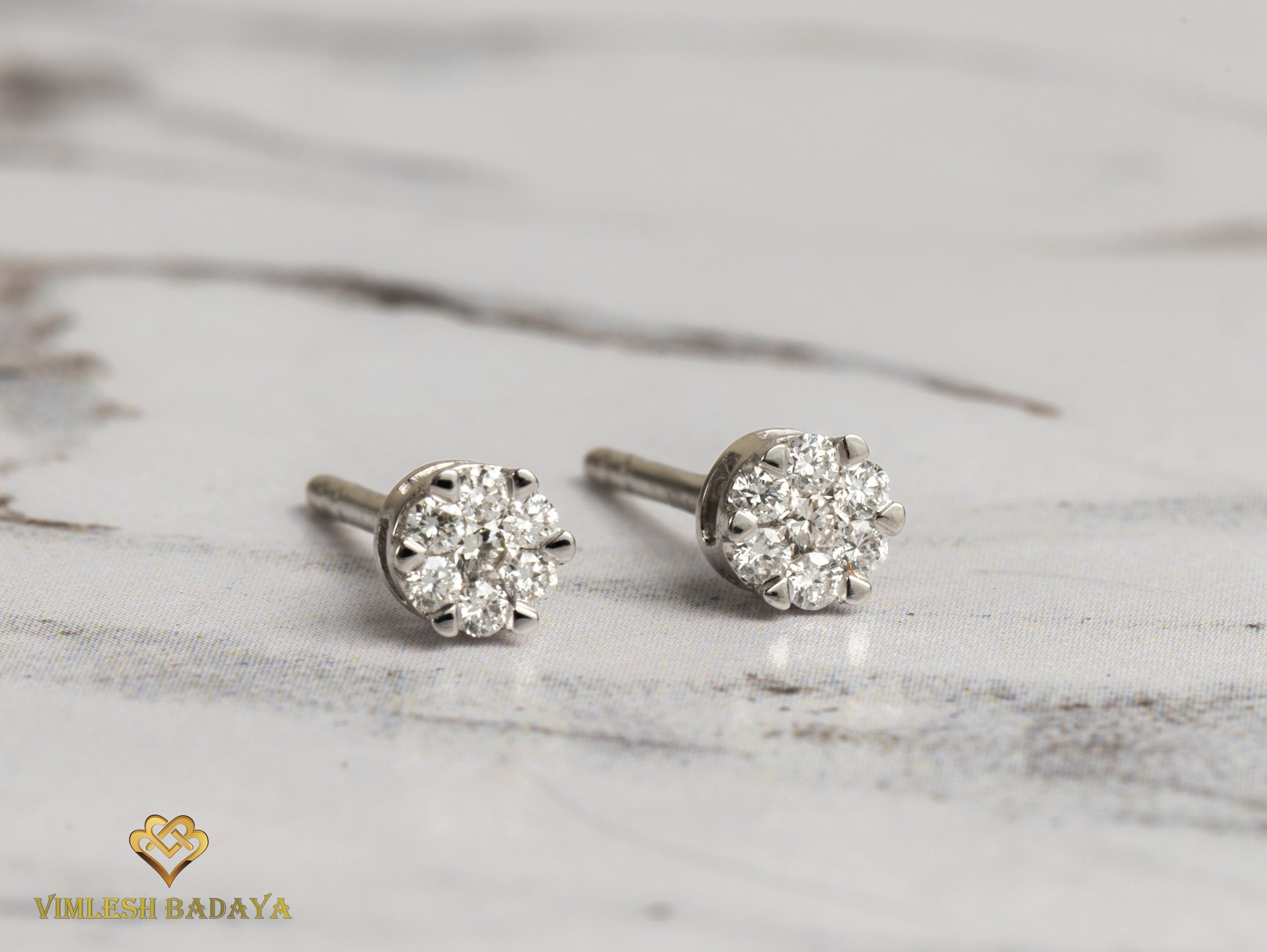 Solid Gold Invisible Set Tiny Diamond Stud Earrings | Round Diamond Earrings | Anniversary Gift -