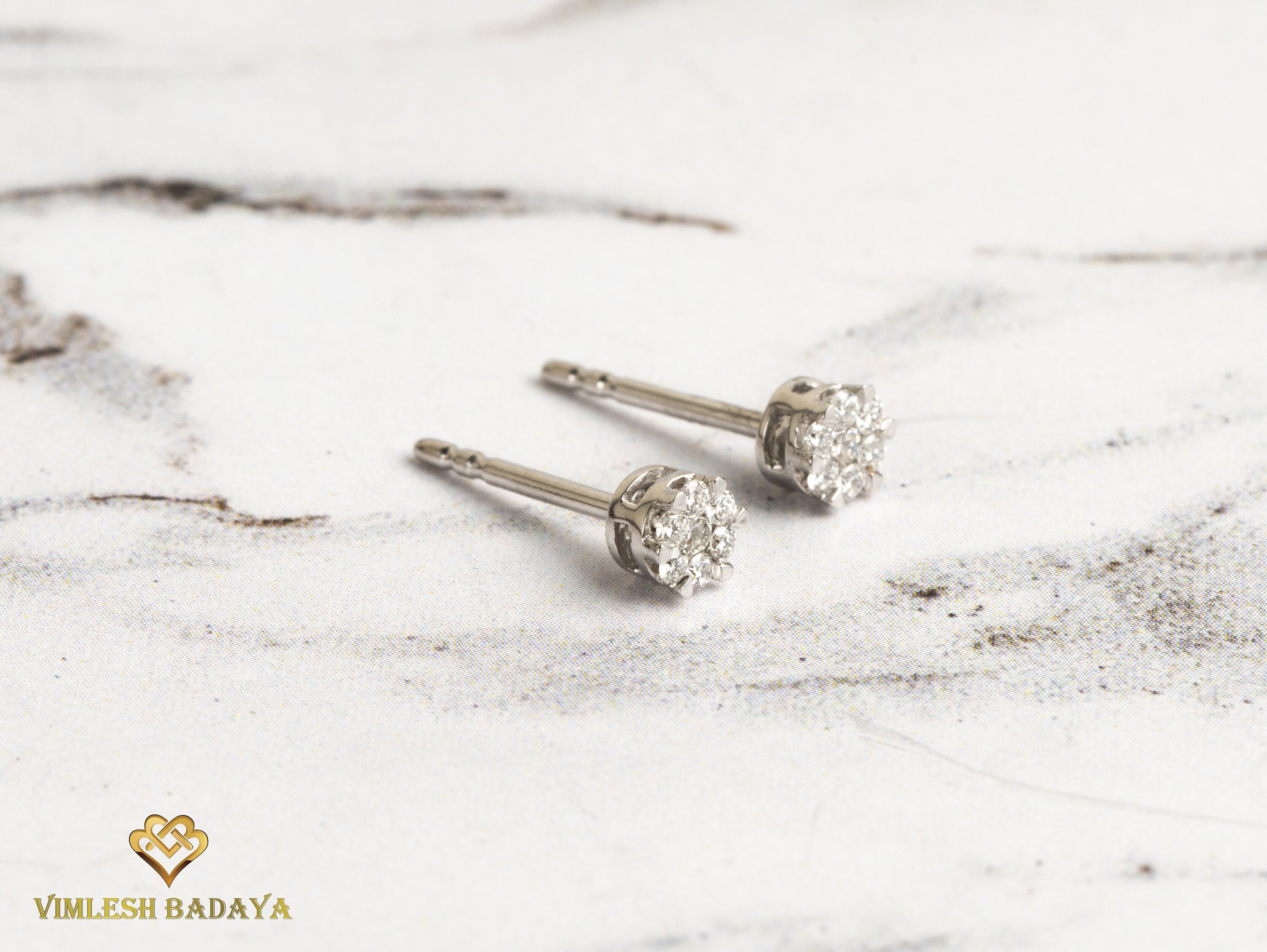 Solid Gold Invisible Set Tiny Diamond Stud Earrings | Round Diamond Earrings | Anniversary Gift -